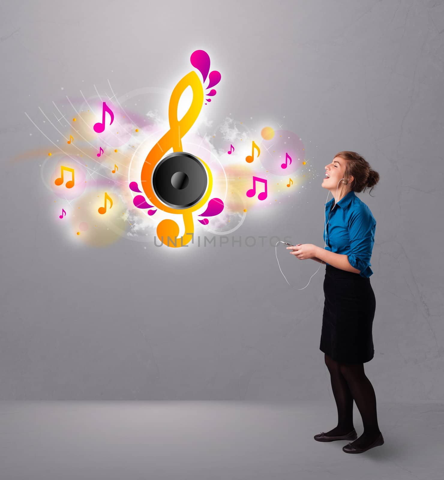 pretty girl singing and listening to music with musical notes by ra2studio