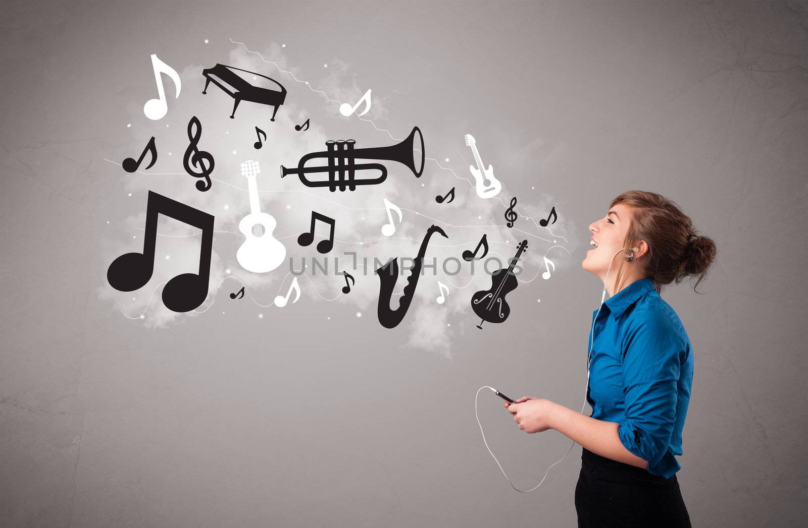 Beautiful young woman singing and listening to music with musical notes and instruments getting out of her mouth