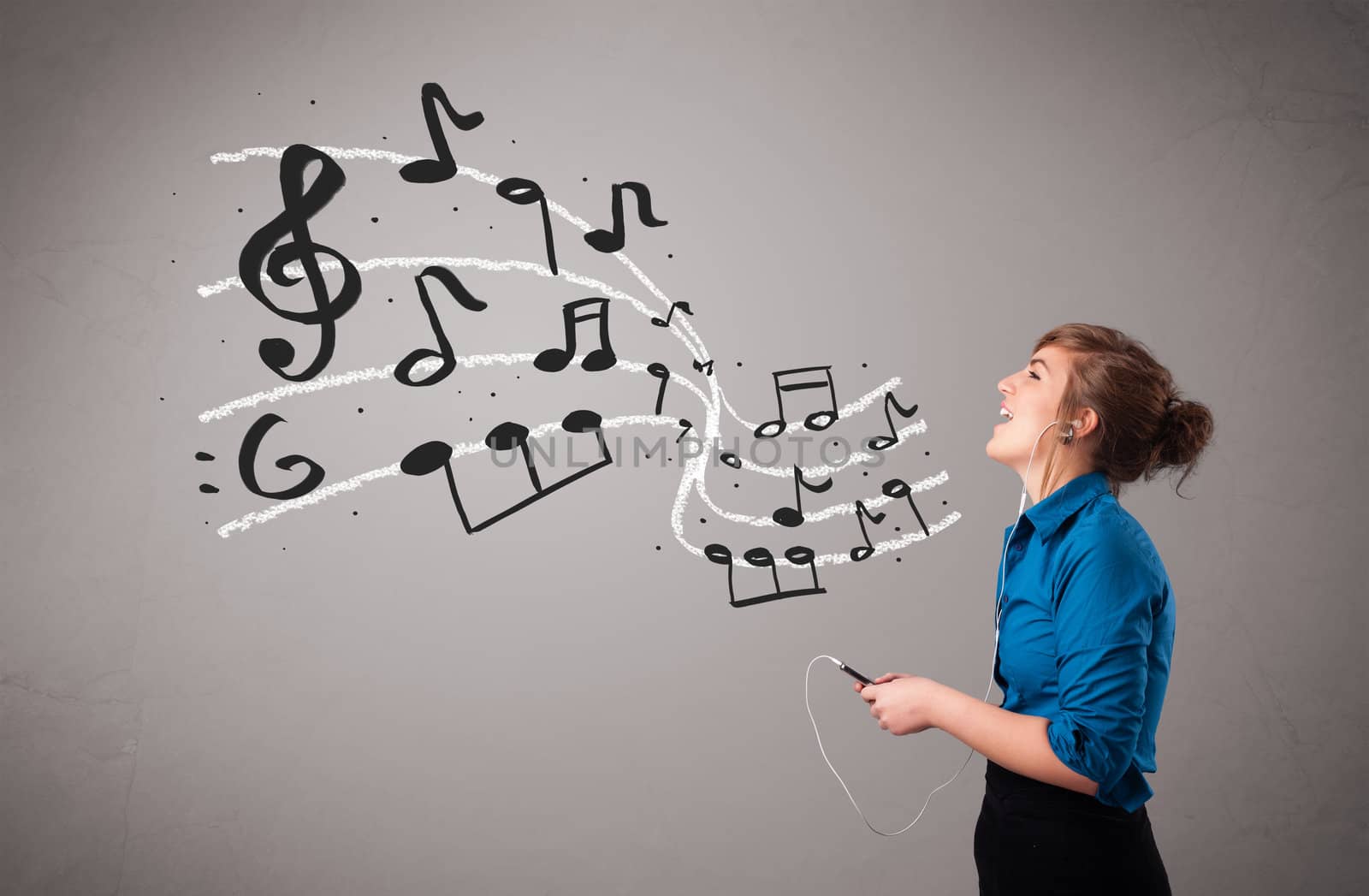 attractive young lady singing and listening to music with musical notes getting out of her mouth