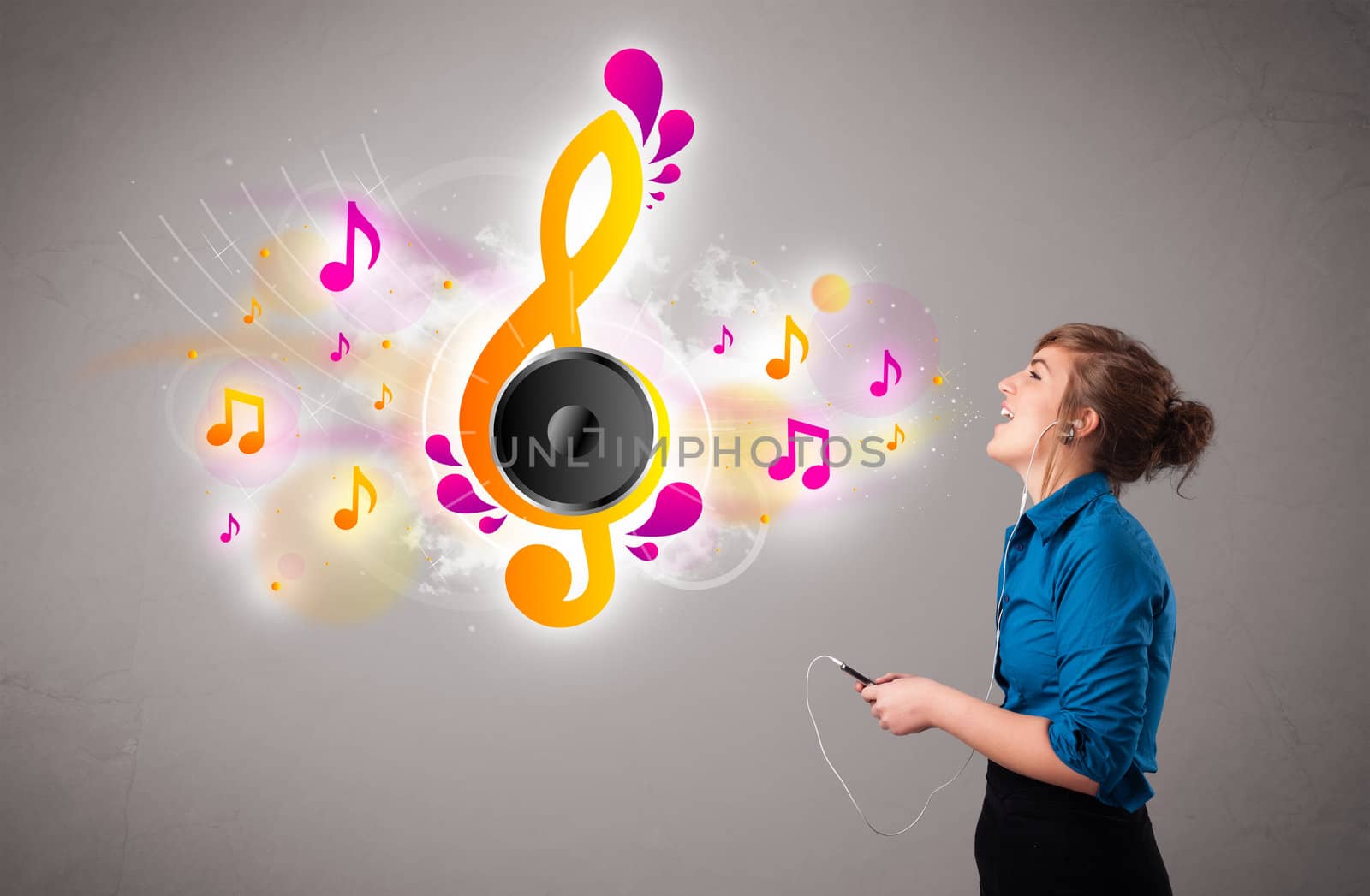 pretty girl singing and listening to music with musical notes getting out of her mouth