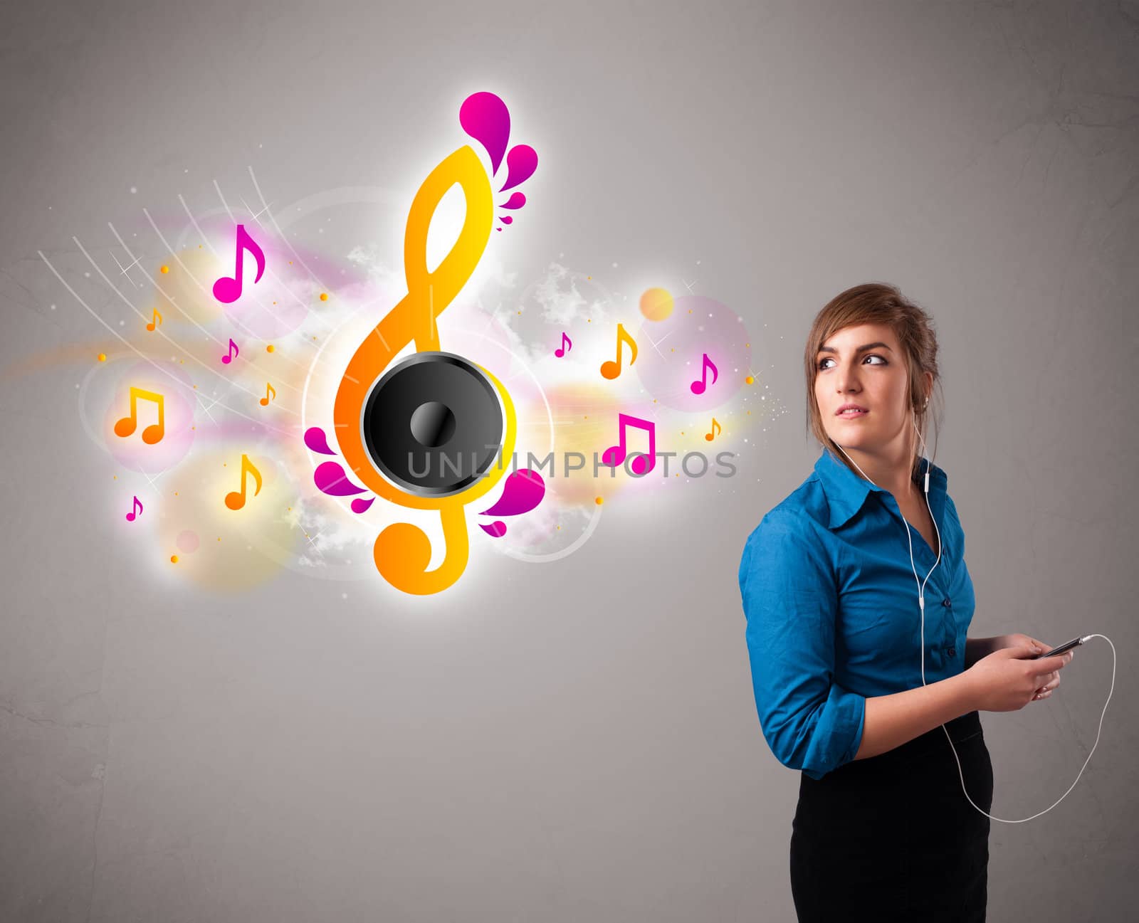 pretty girl singing and listening to music with musical notes by ra2studio