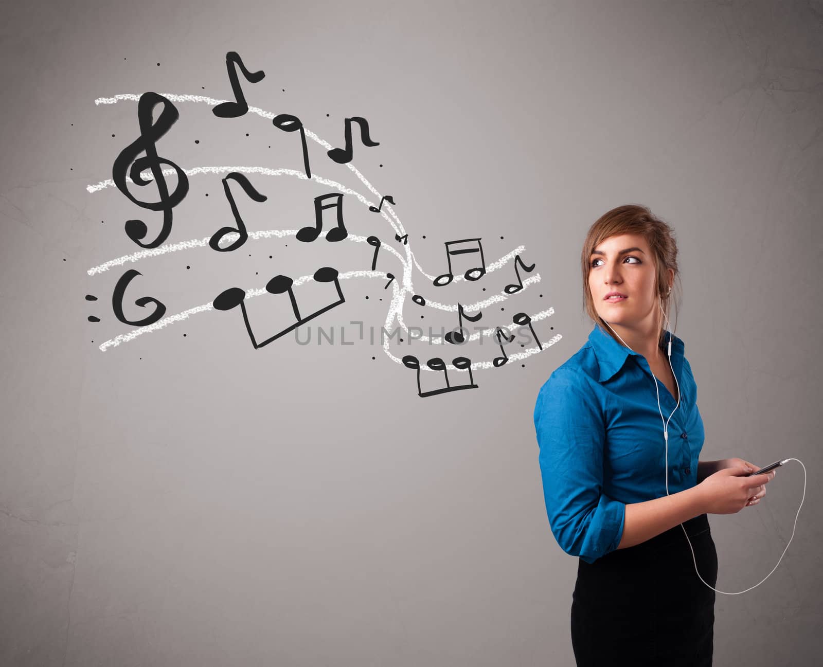 attractive young lady singing and listening to music with musical notes getting out of her mouth