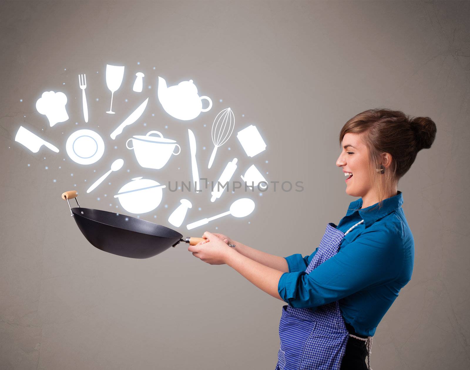 Pretty young lady with kitchen accessories icons