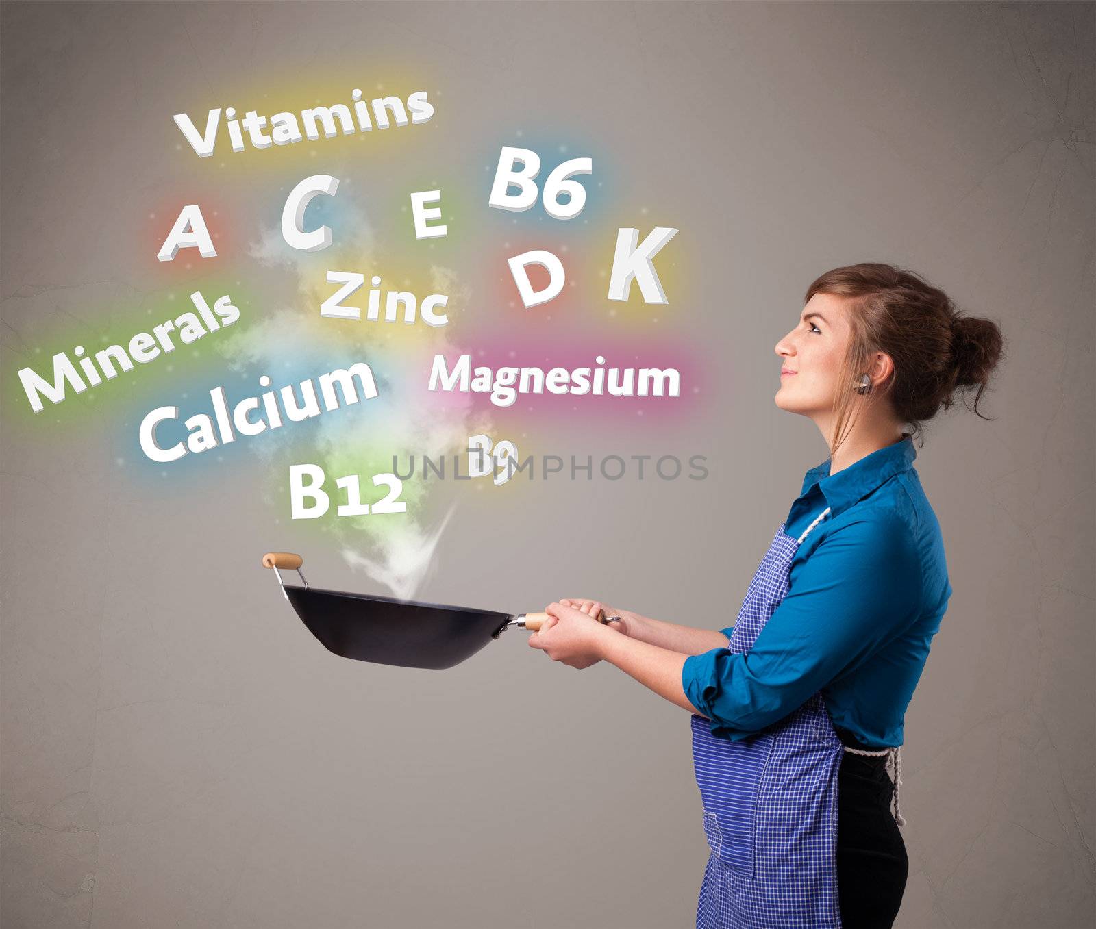 Pretty young woman cooking vitamins and minerals