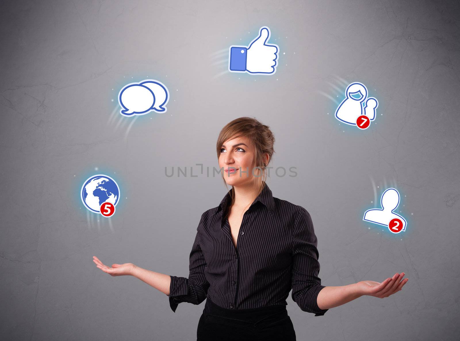 attractive young woman juggling with social network icons by ra2studio