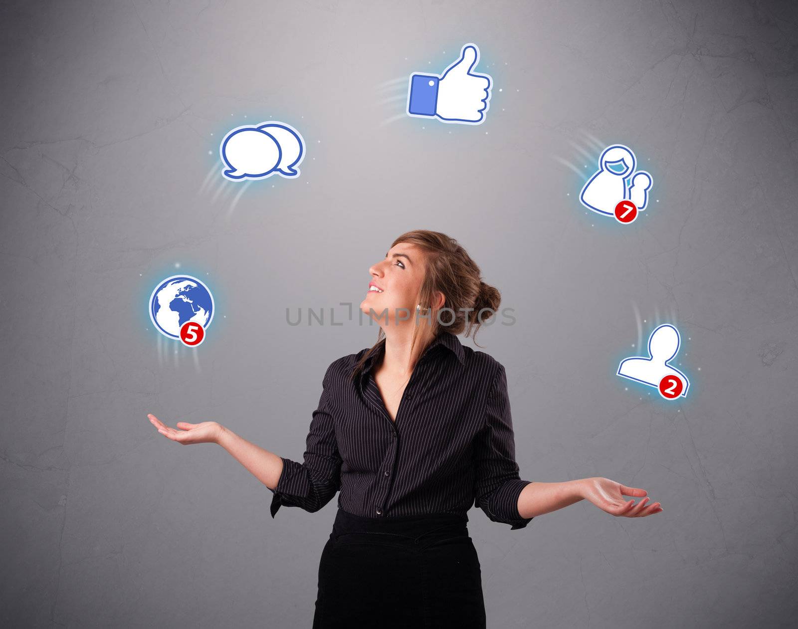 attractive young woman juggling with social network icons by ra2studio