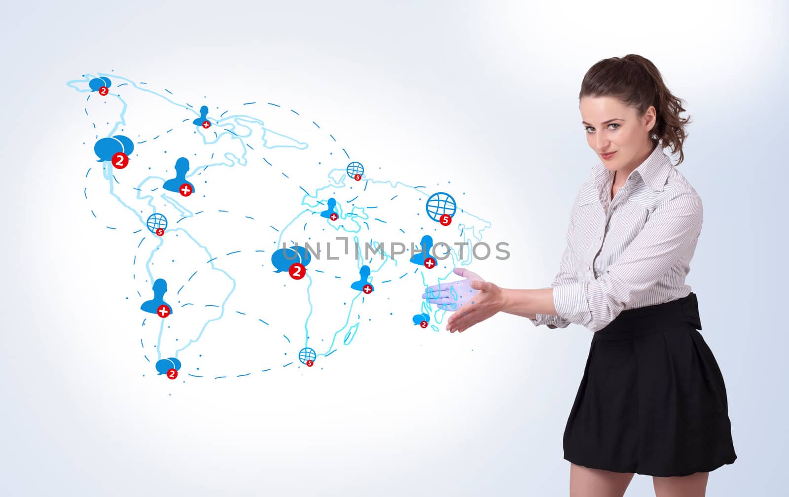 Young business woman presenting social map on bright background