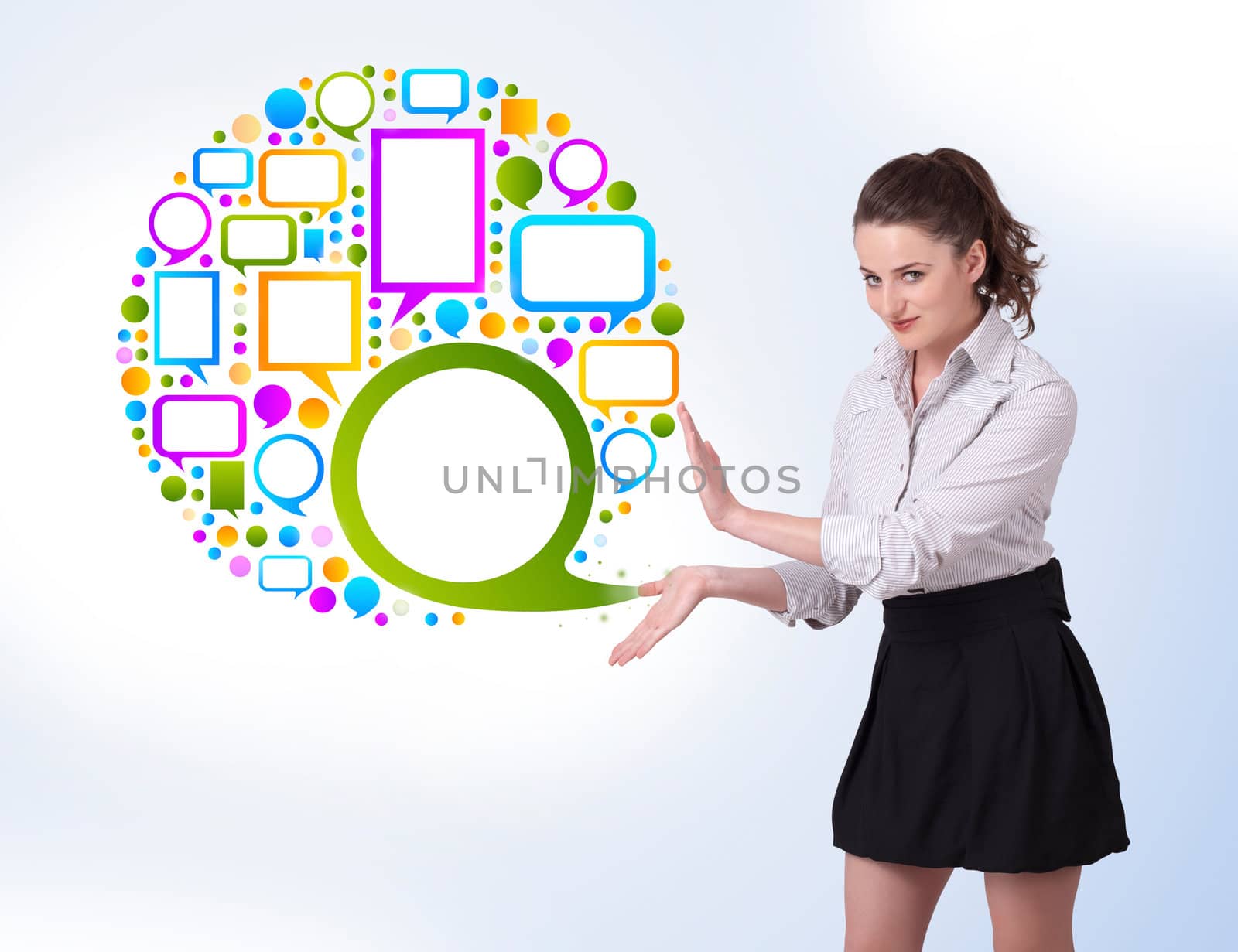 Young business woman presenting colourful speach bubble on bright background