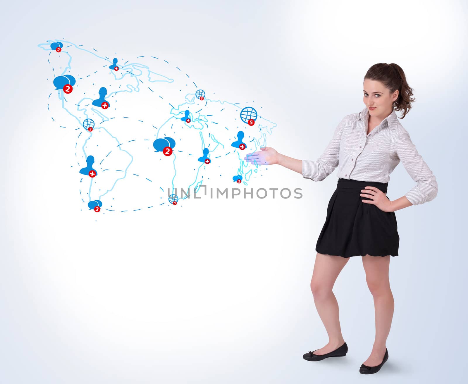 Young business woman presenting social map on bright background