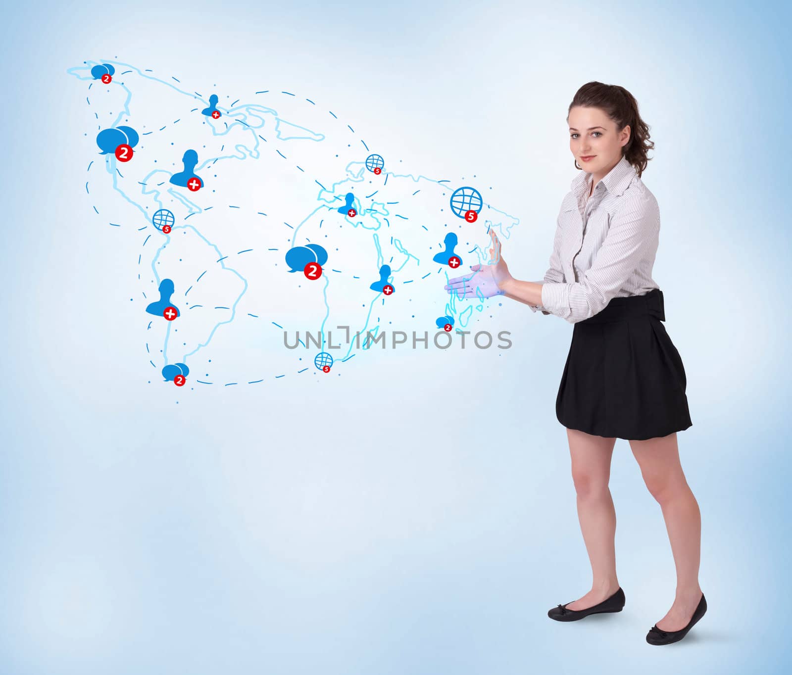 Young business woman presenting social map on bright background