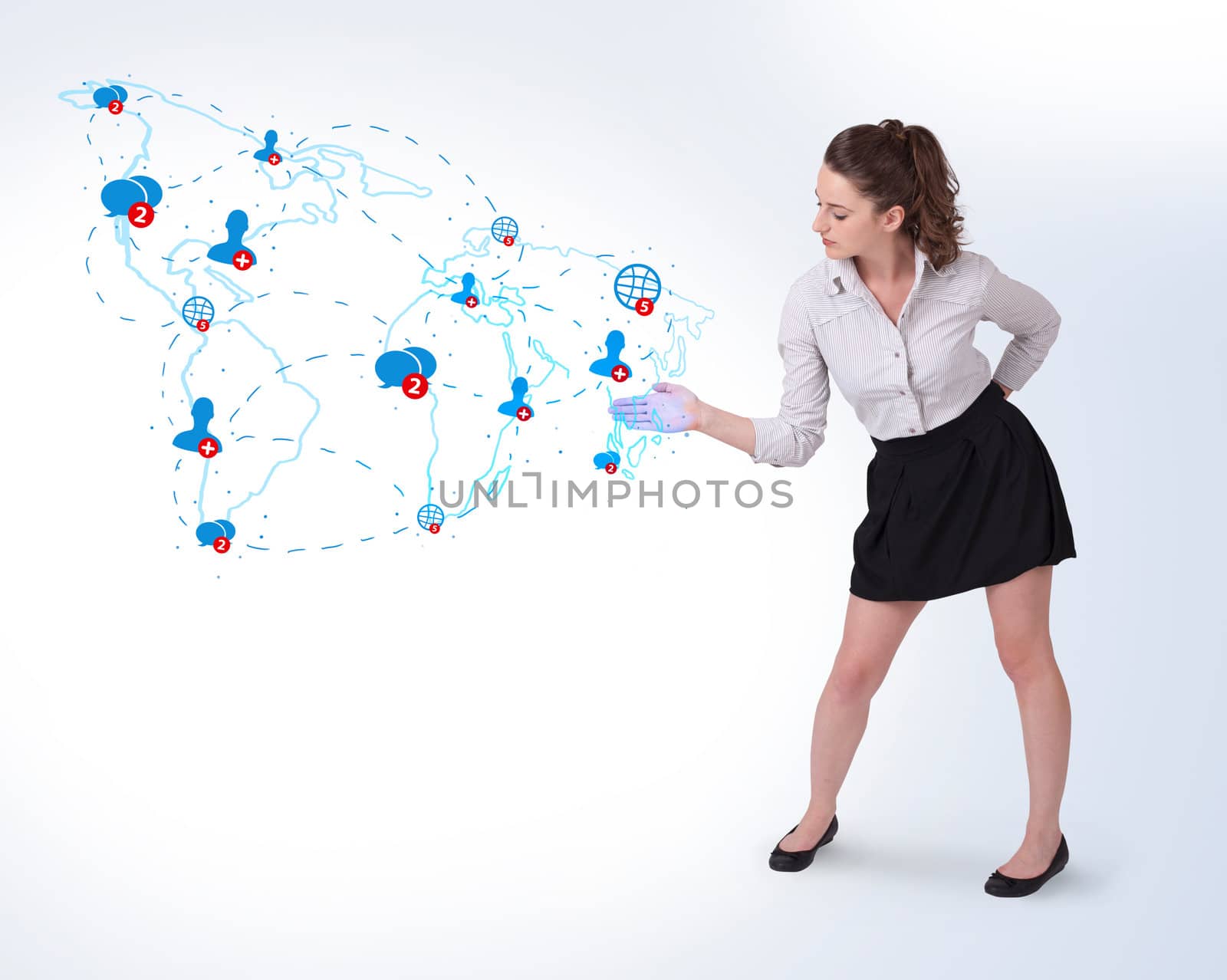 Young business woman presenting social map on bright background