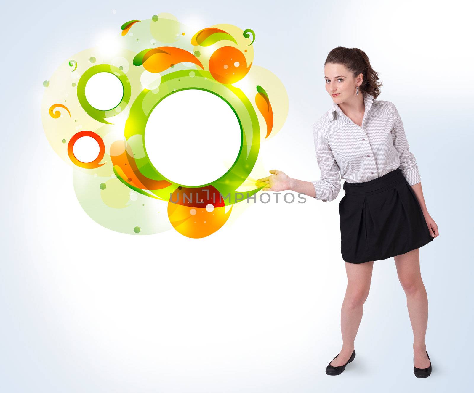 Young business woman presenting abstract copyspace on bright background