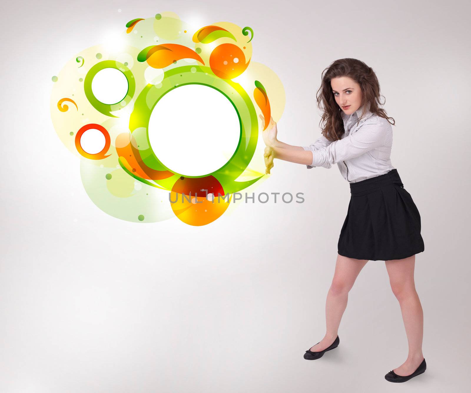 Young business woman presenting abstract copyspace on bright background