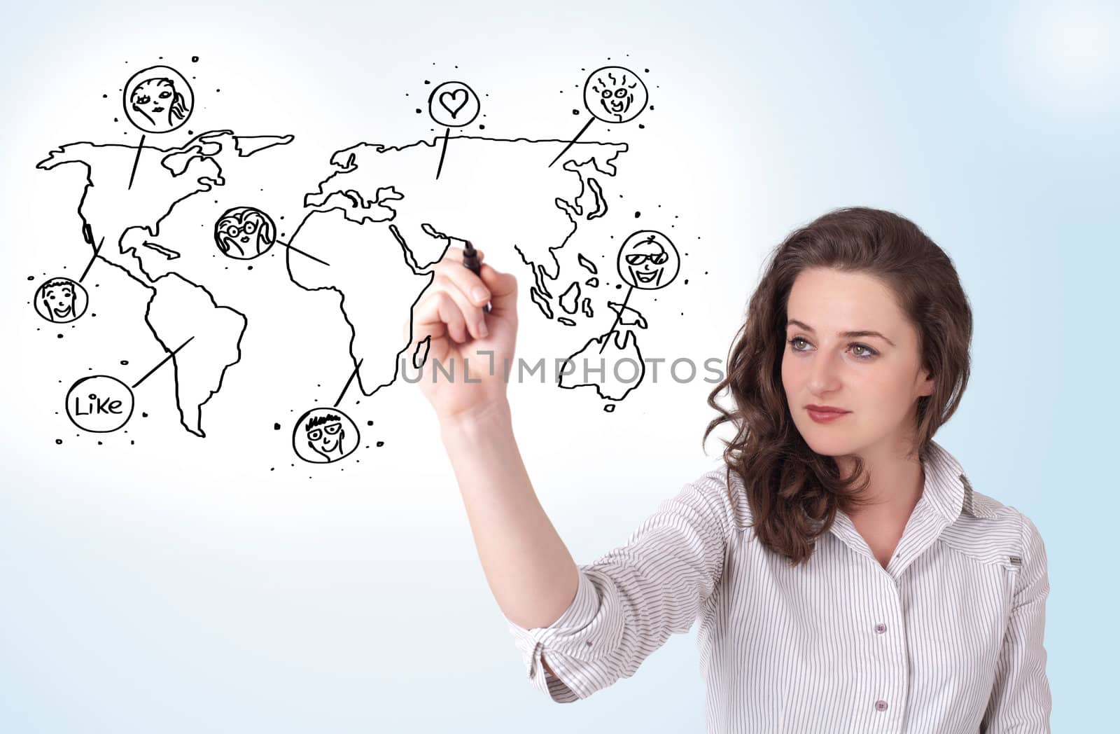 Young woman drawing a social map on white whiteboard