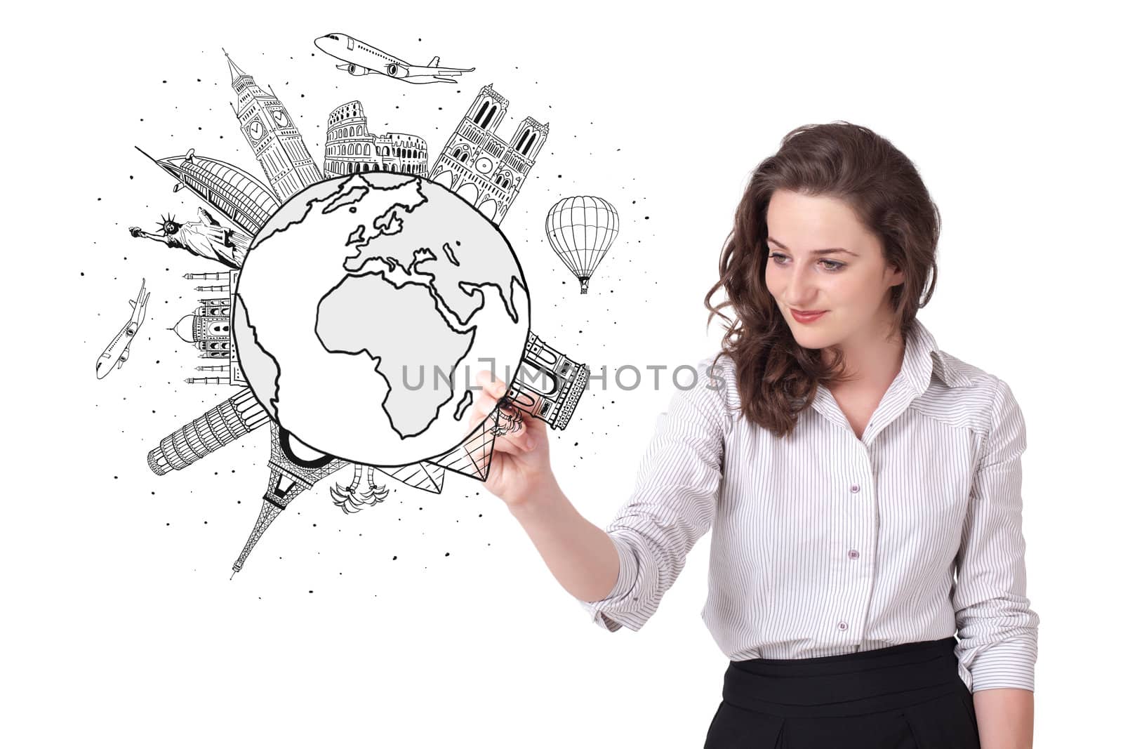Young woman drawing a globe on whiteboard isolated on white