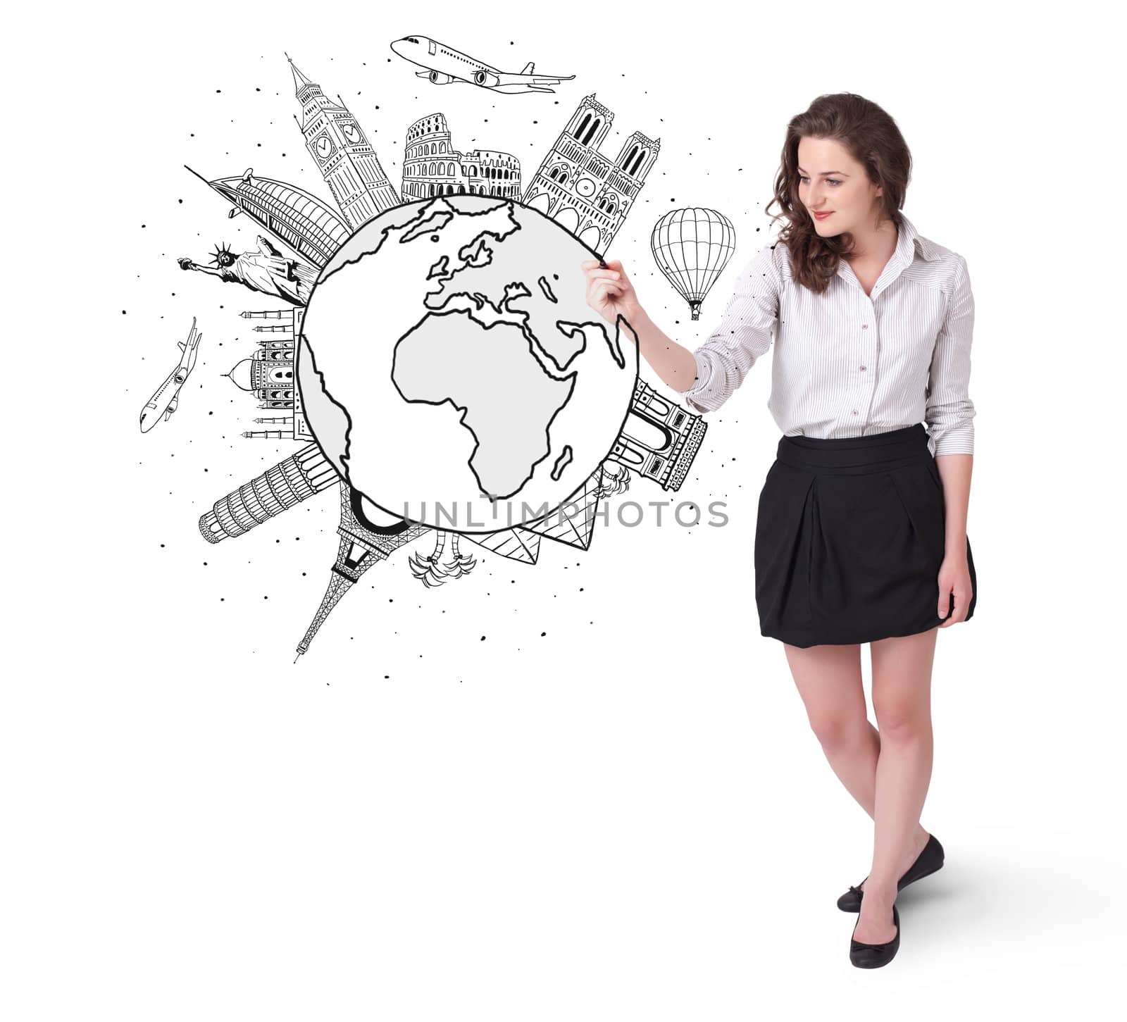 Young woman drawing a globe on whiteboard isolated on white