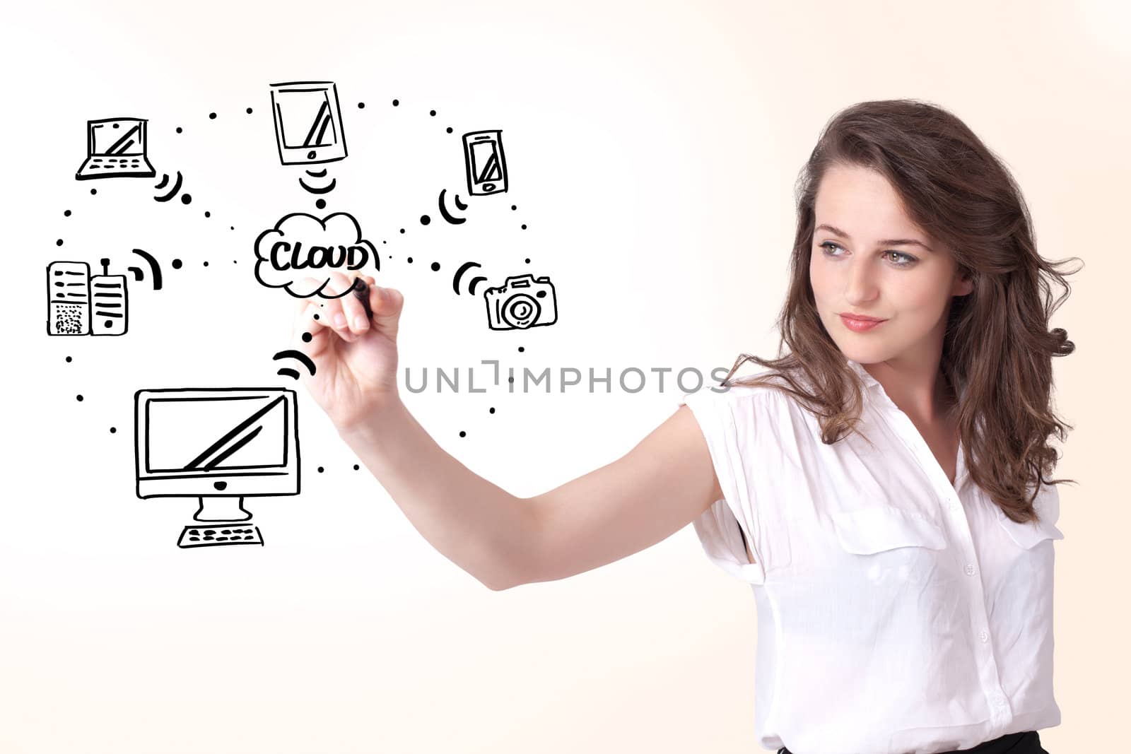 Young woman drawing a cloud computing on white whiteboard