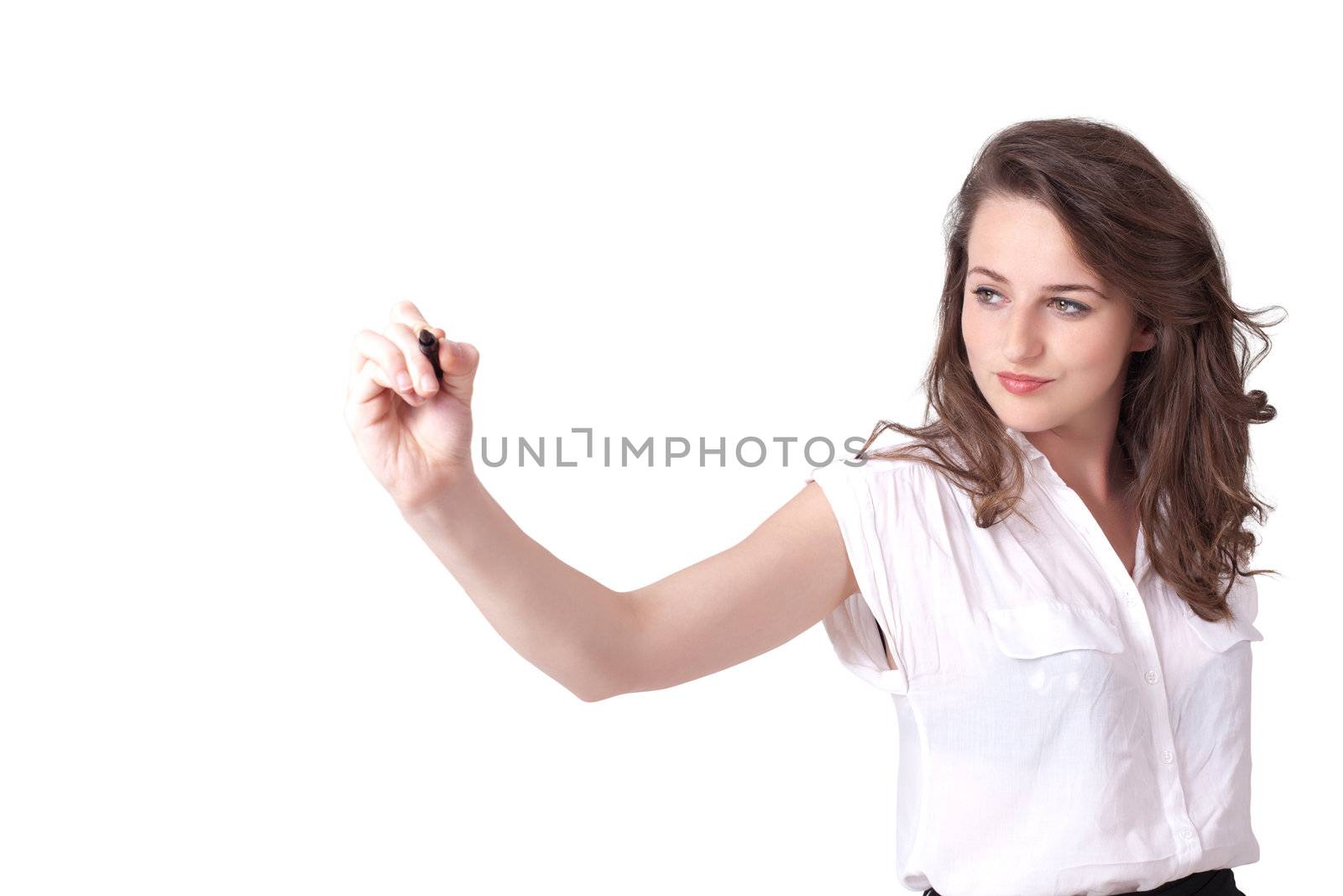 Young woman drawing on wihteboard with white copyspace