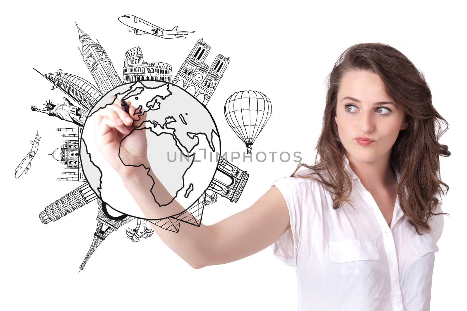 Young woman drawing a globe on whiteboard isolated on white