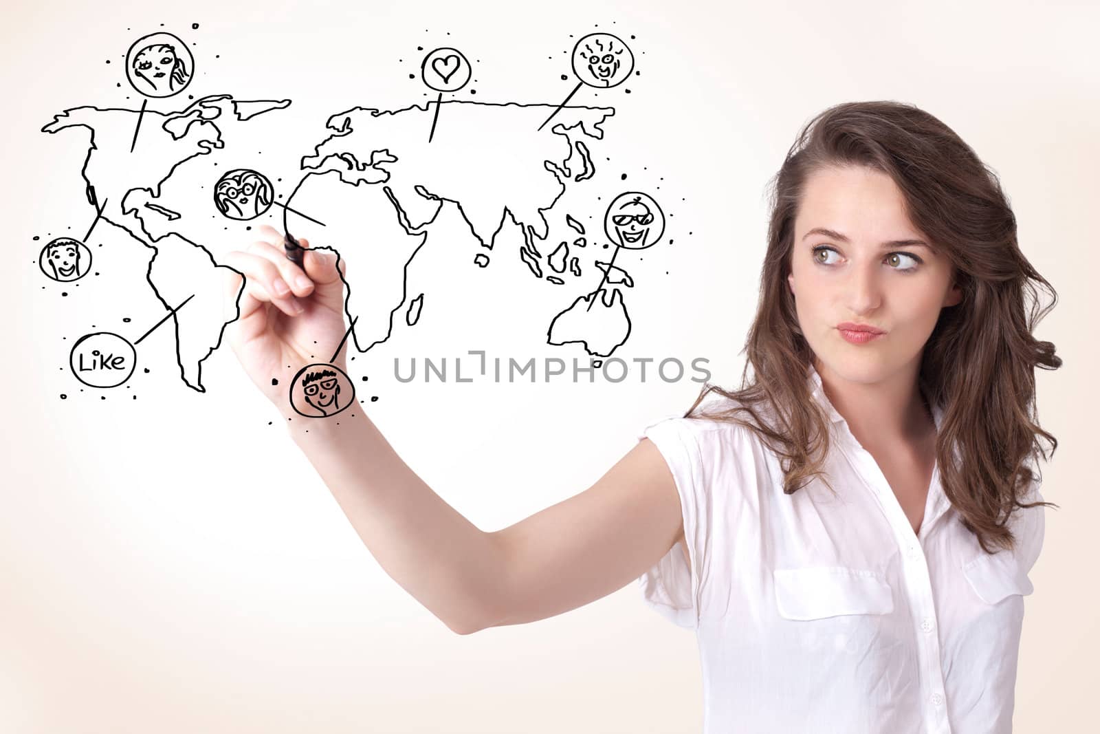 Young woman drawing a social map on whiteboard by ra2studio