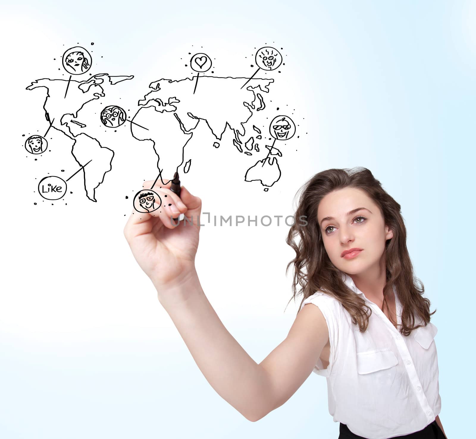 Young woman drawing a social map on white whiteboard