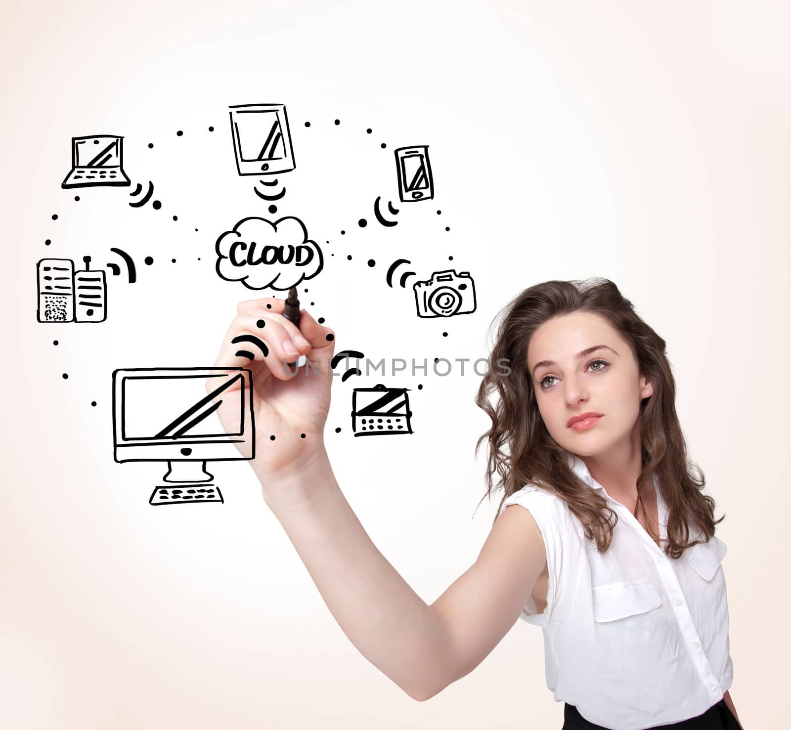 Young woman drawing a cloud computing on whiteboard by ra2studio