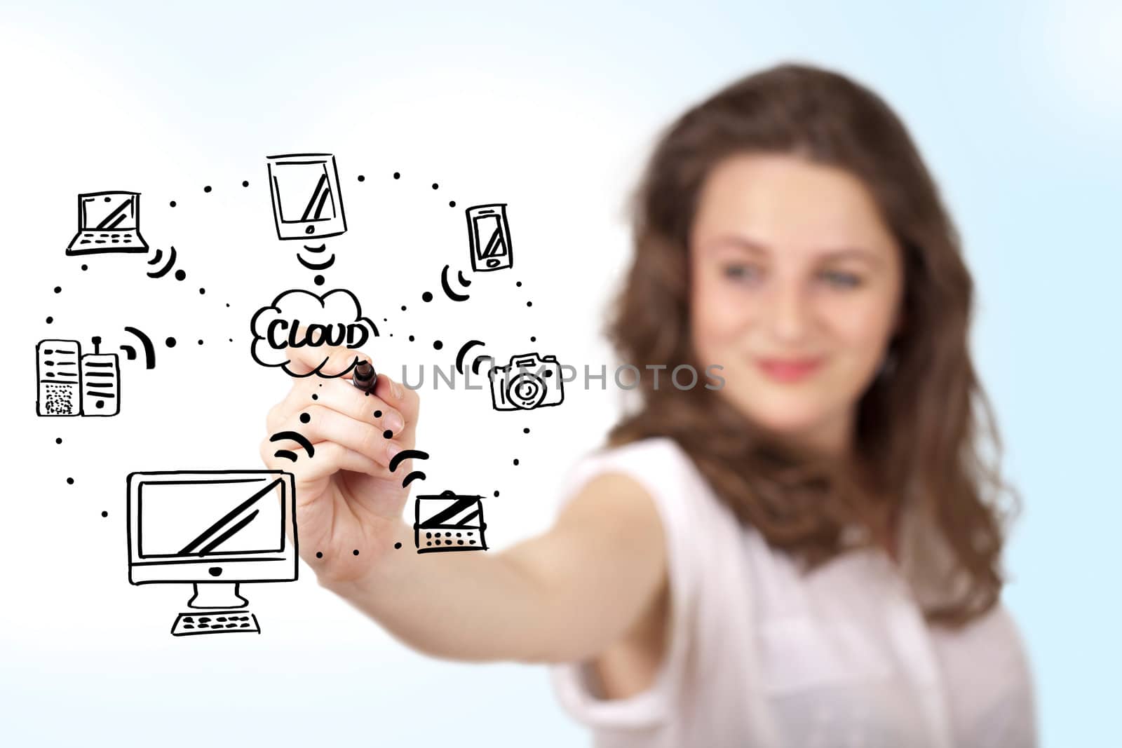Young woman drawing a cloud computing on whiteboard by ra2studio