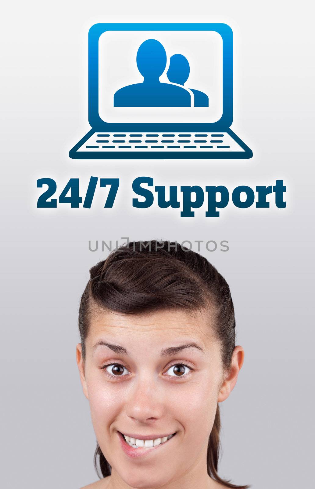 Young girl head looking with gesture at support contact type of icons and signs