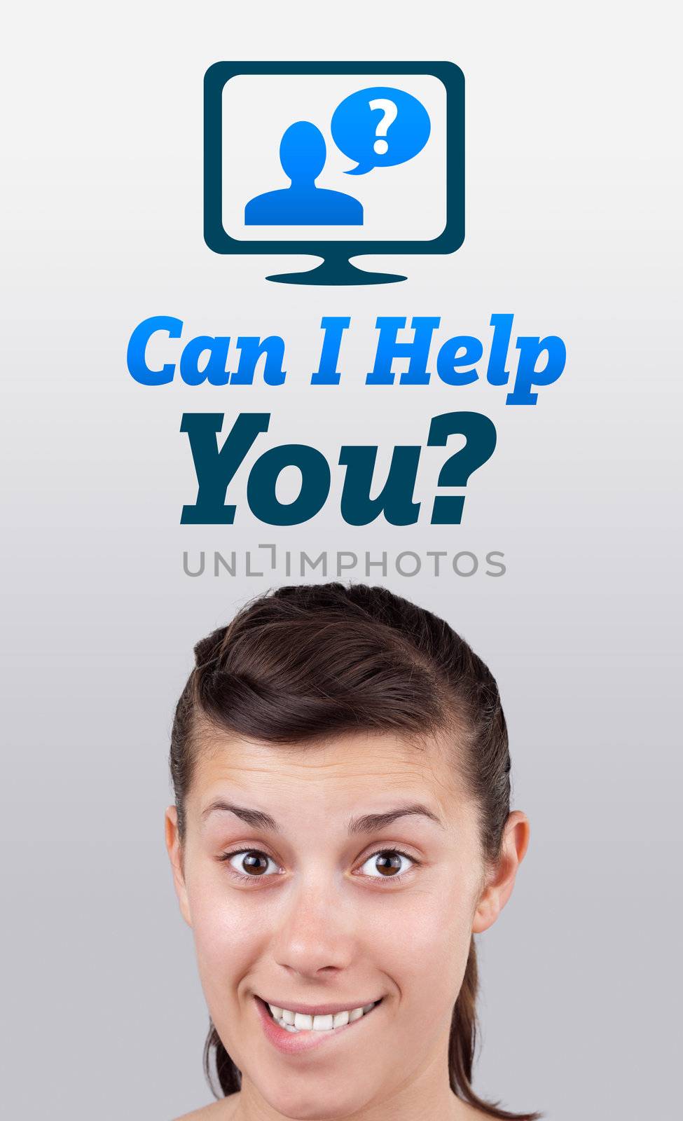 Young girl head looking with gesture at support contact type of icons and signs