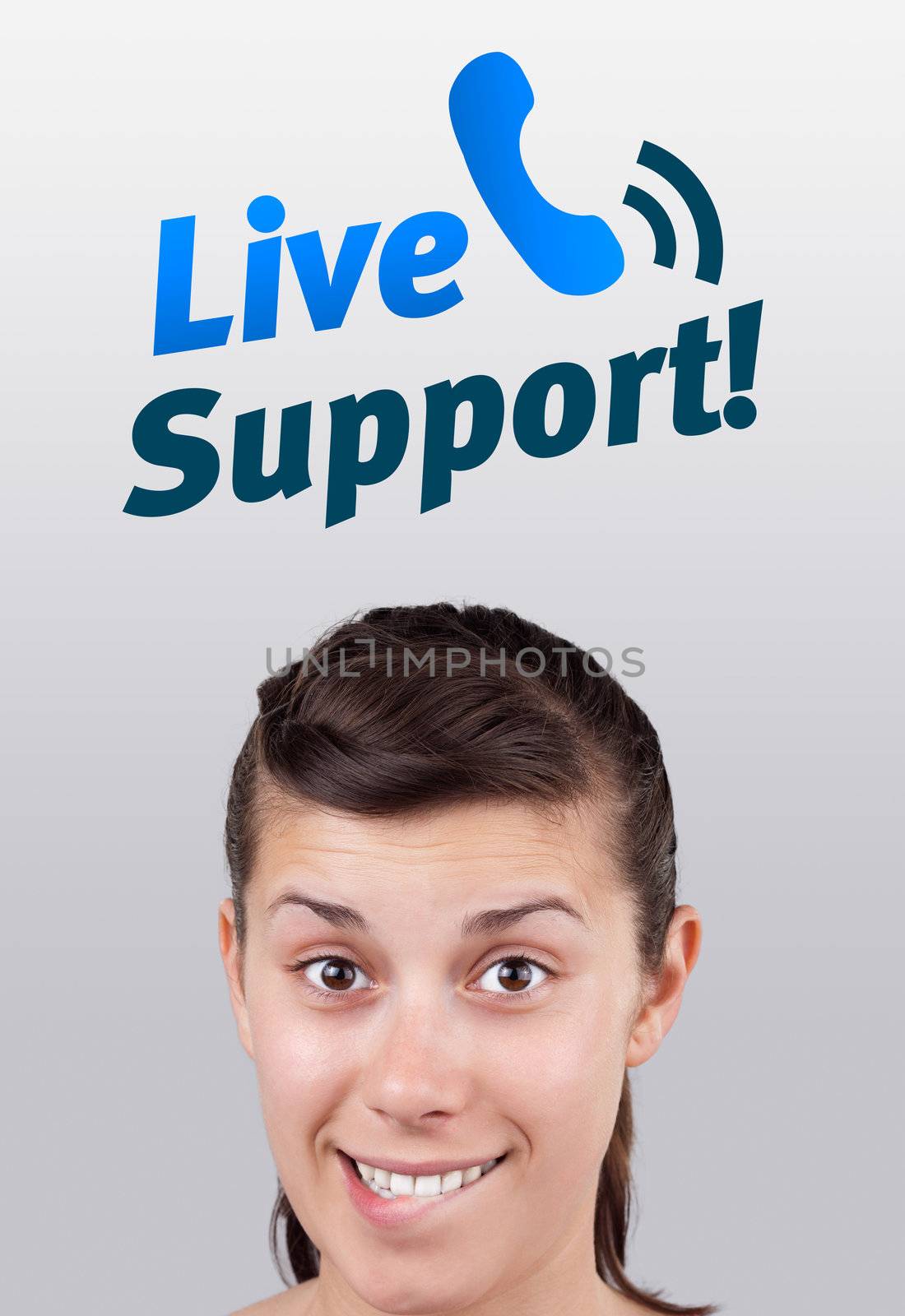 Young girl head looking with gesture at support contact type of icons and signs