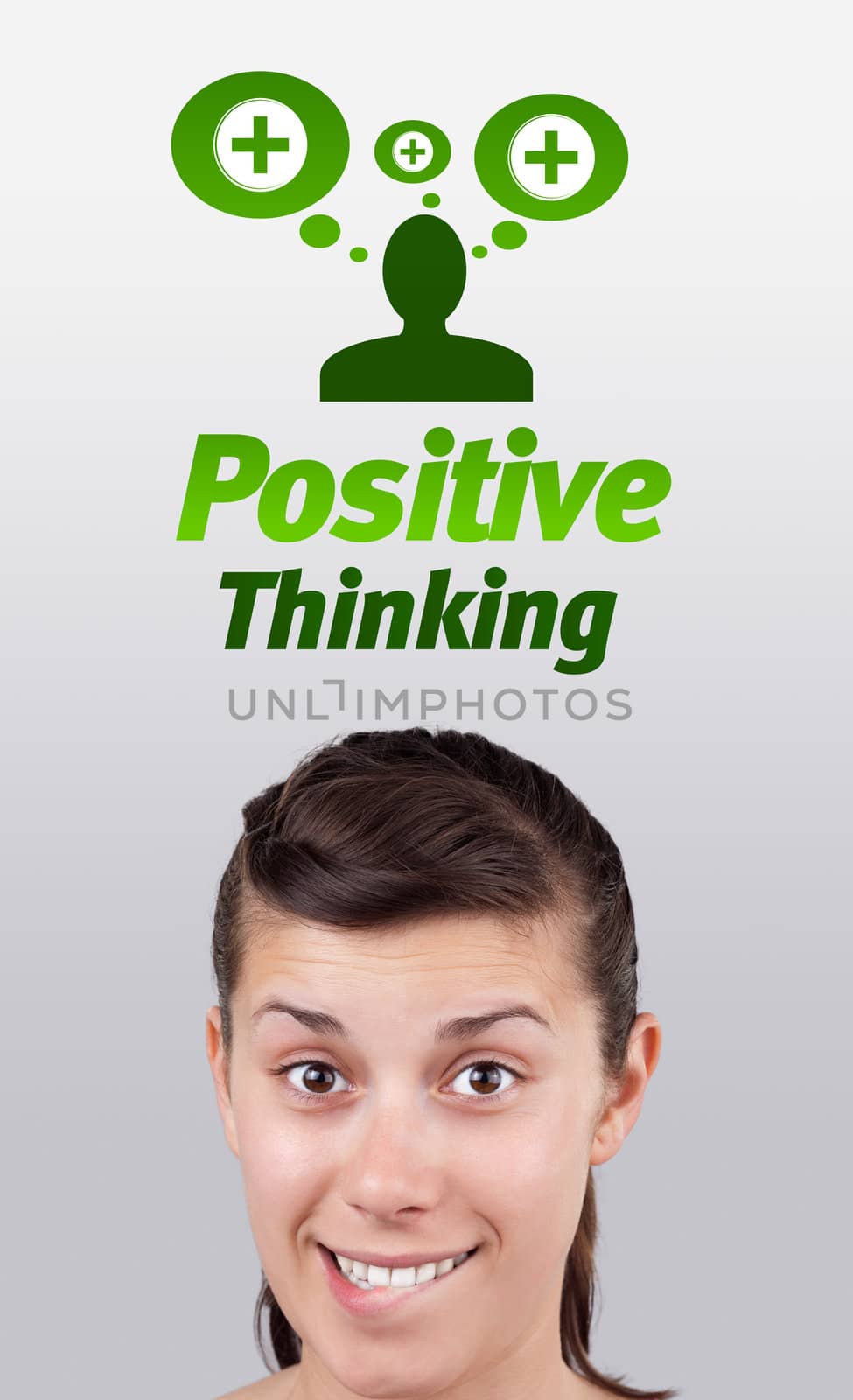 Young girl head looking with gesture at positive negative signs