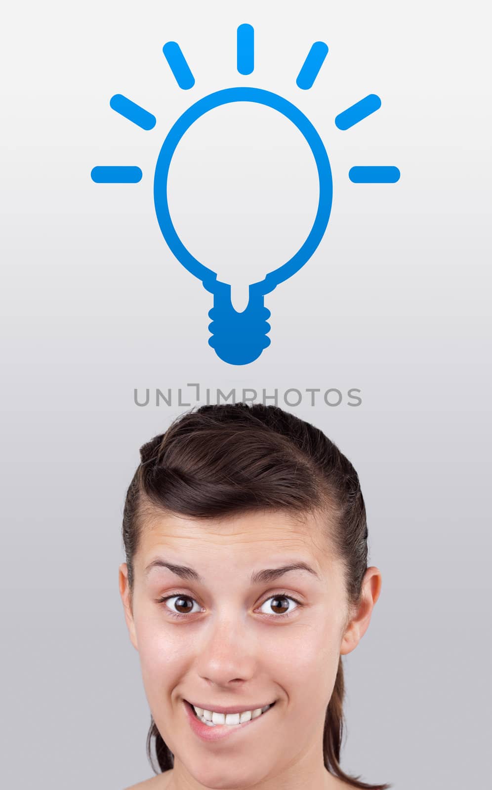 Young girl head looking with gesture at idea type of sign