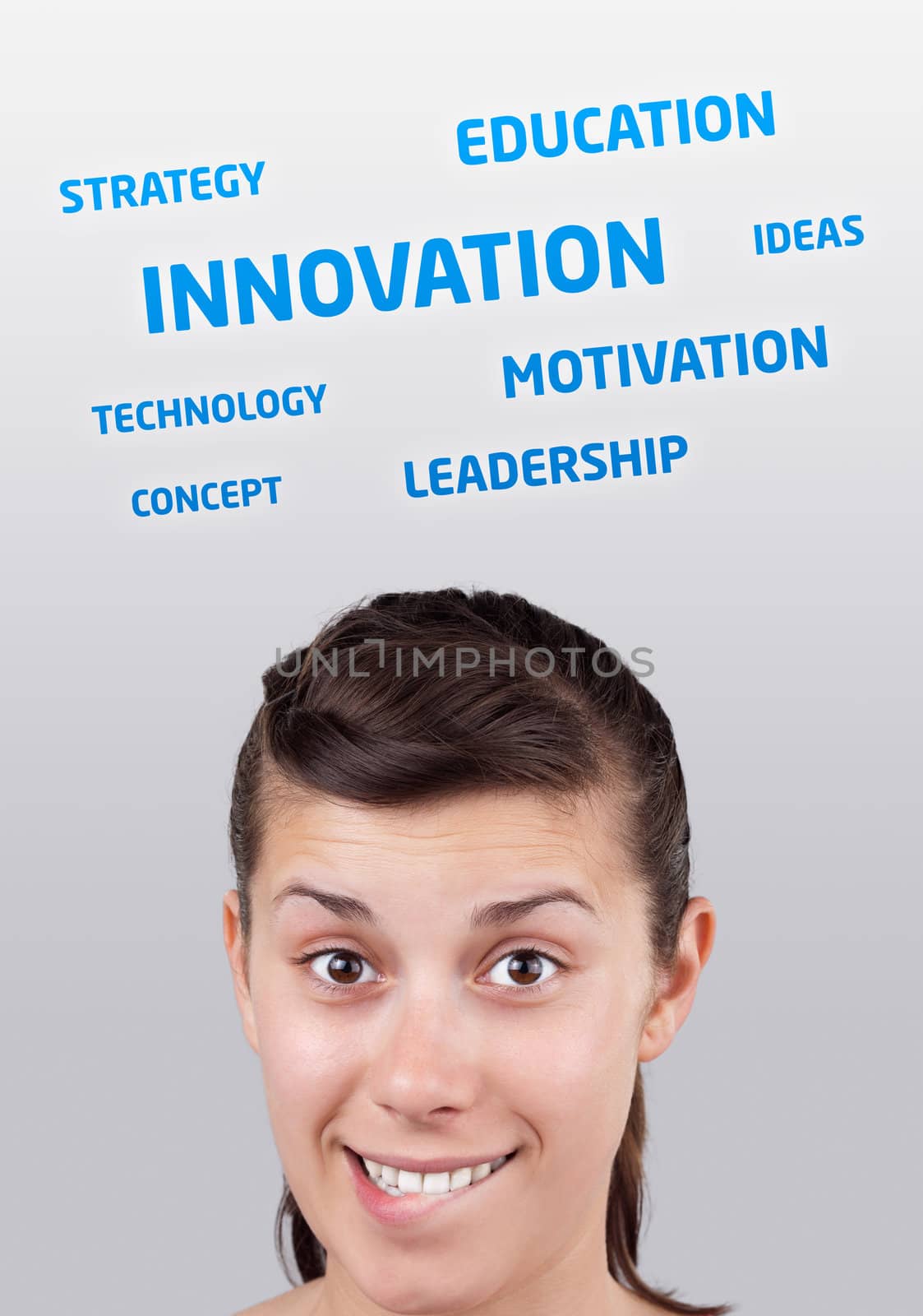 Young girl head looking at business icons and images