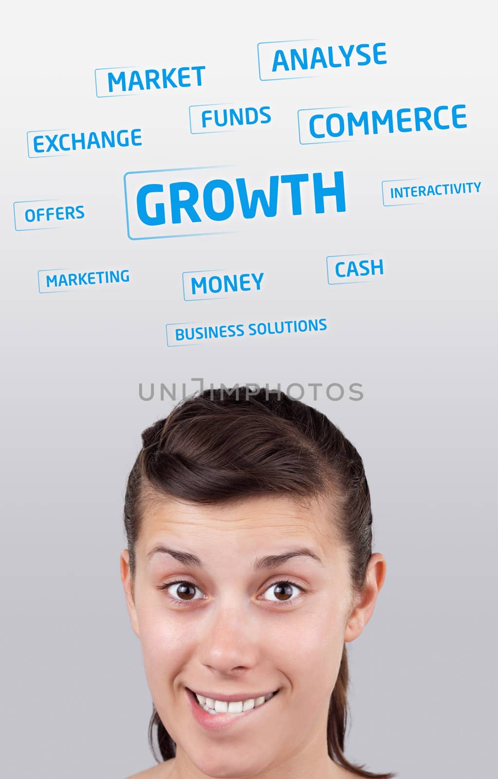 Young girl head looking at business icons and images