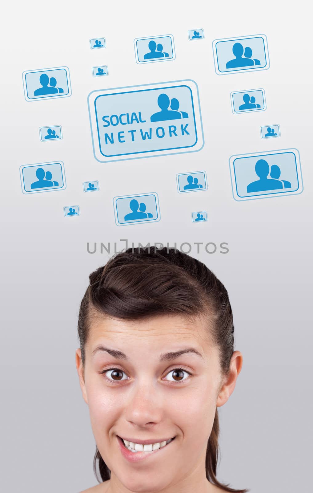 Young girl head looking with gesture at social type of icons and signs