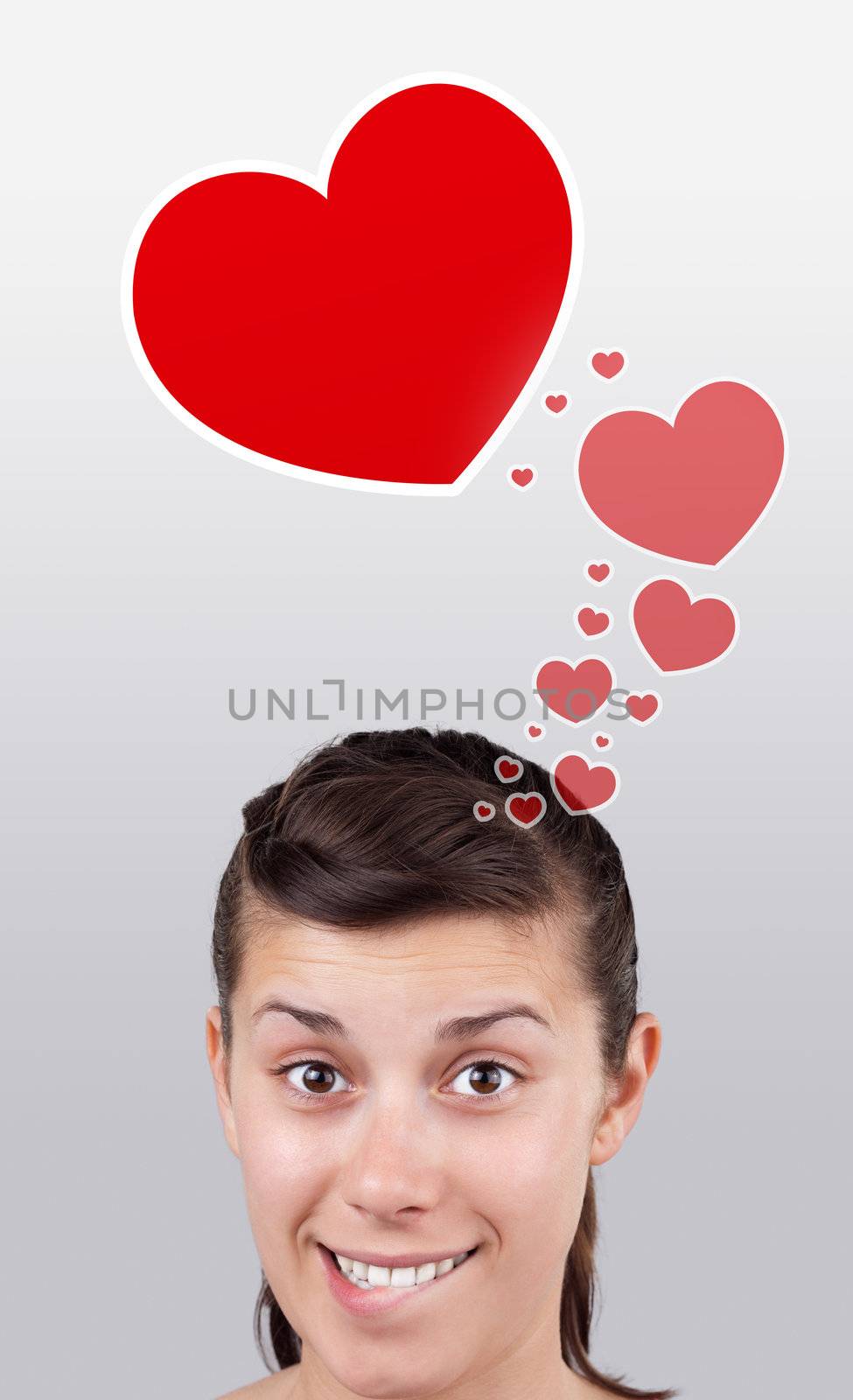 Young girl looking at love type of icons by ra2studio