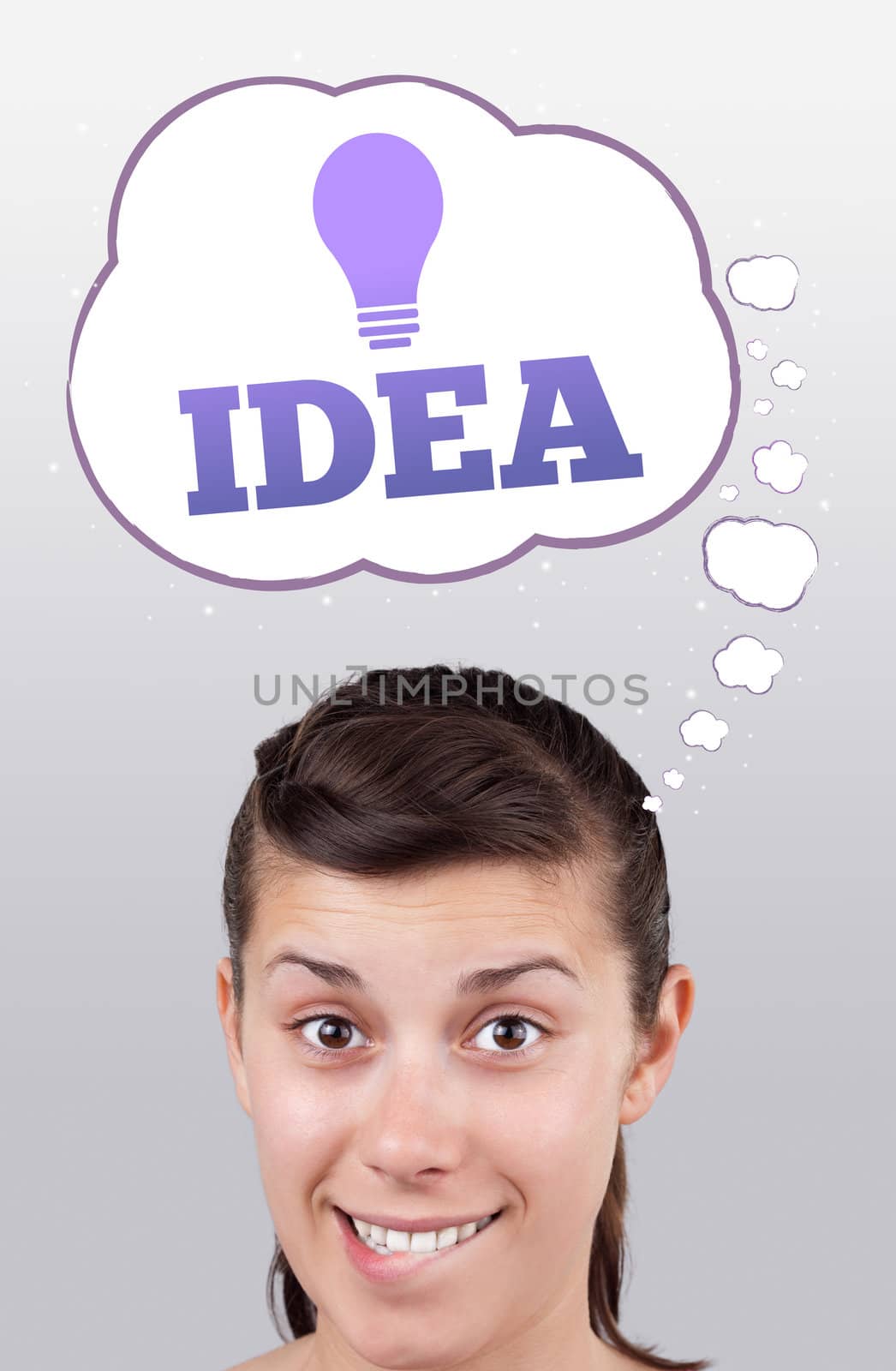 Young girl head looking with gesture at idea type of sign