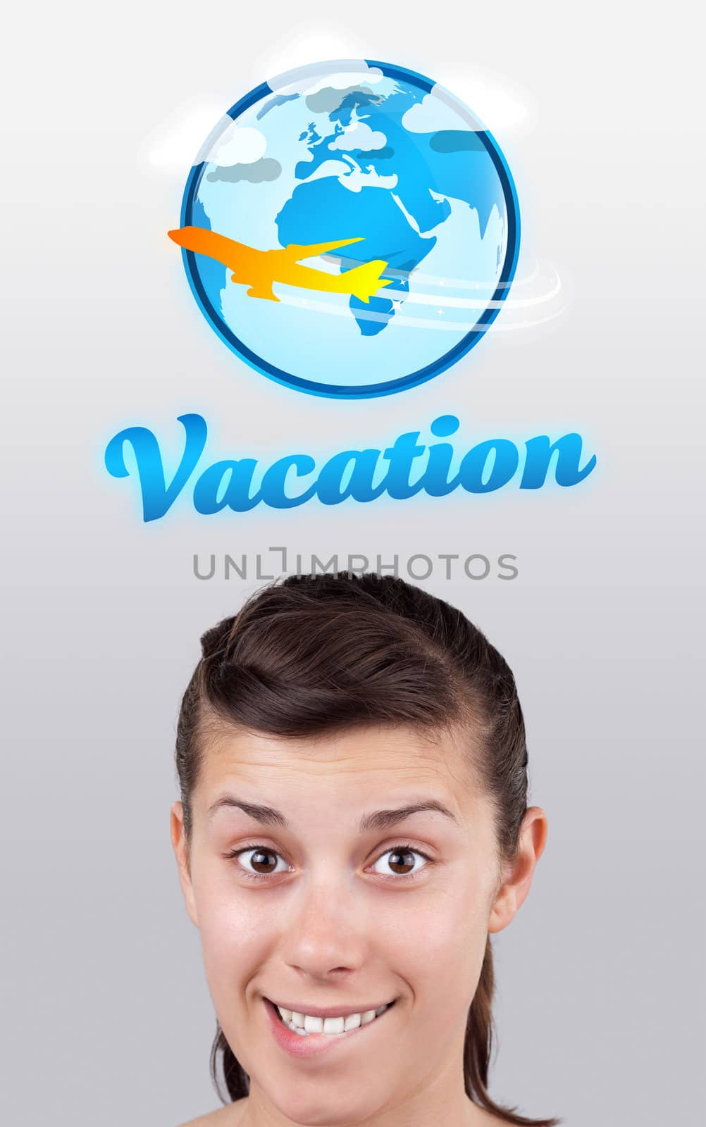 Young girl head looking with gesture at vacation type of sign