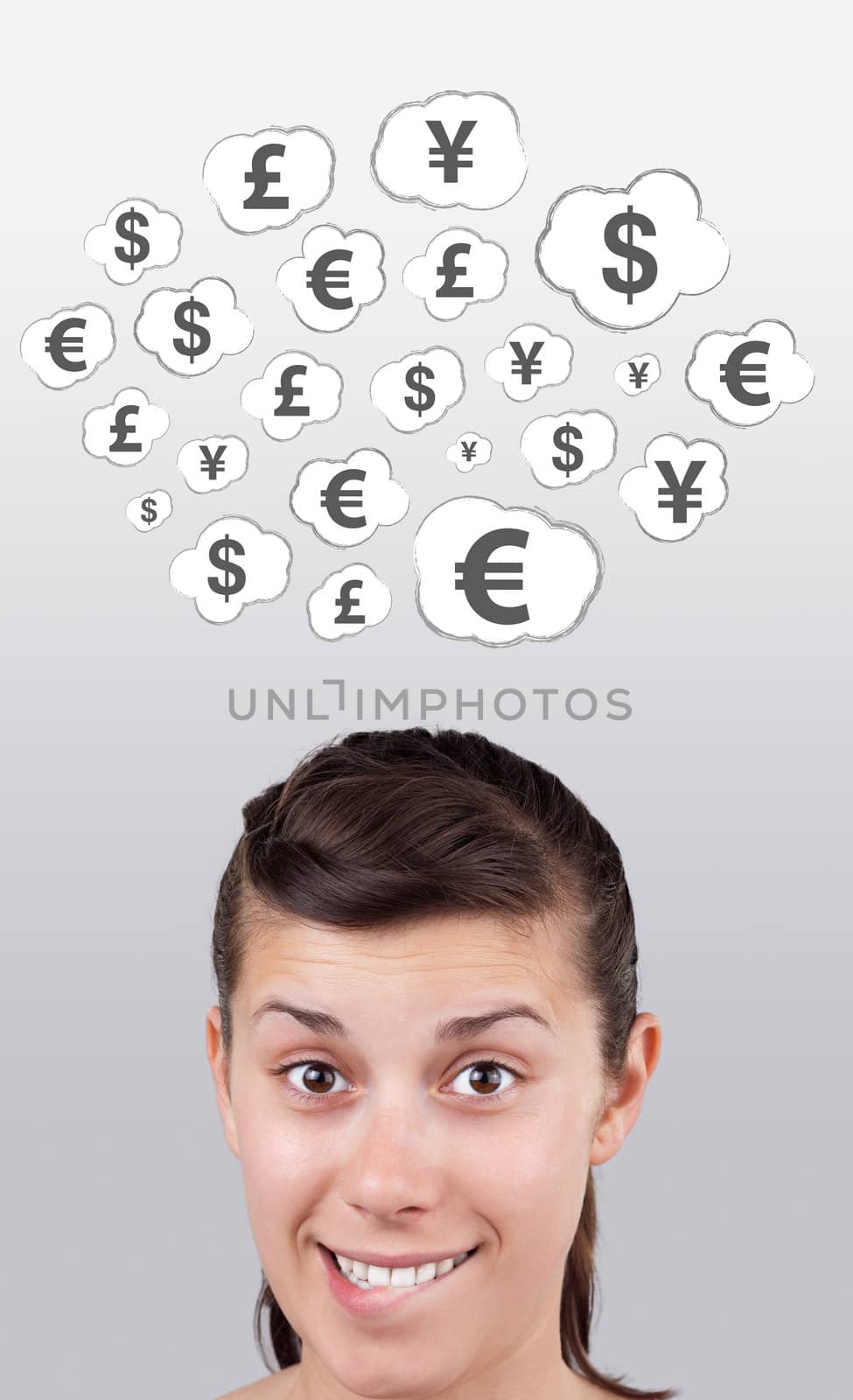 Young girl head looking at business icons and images