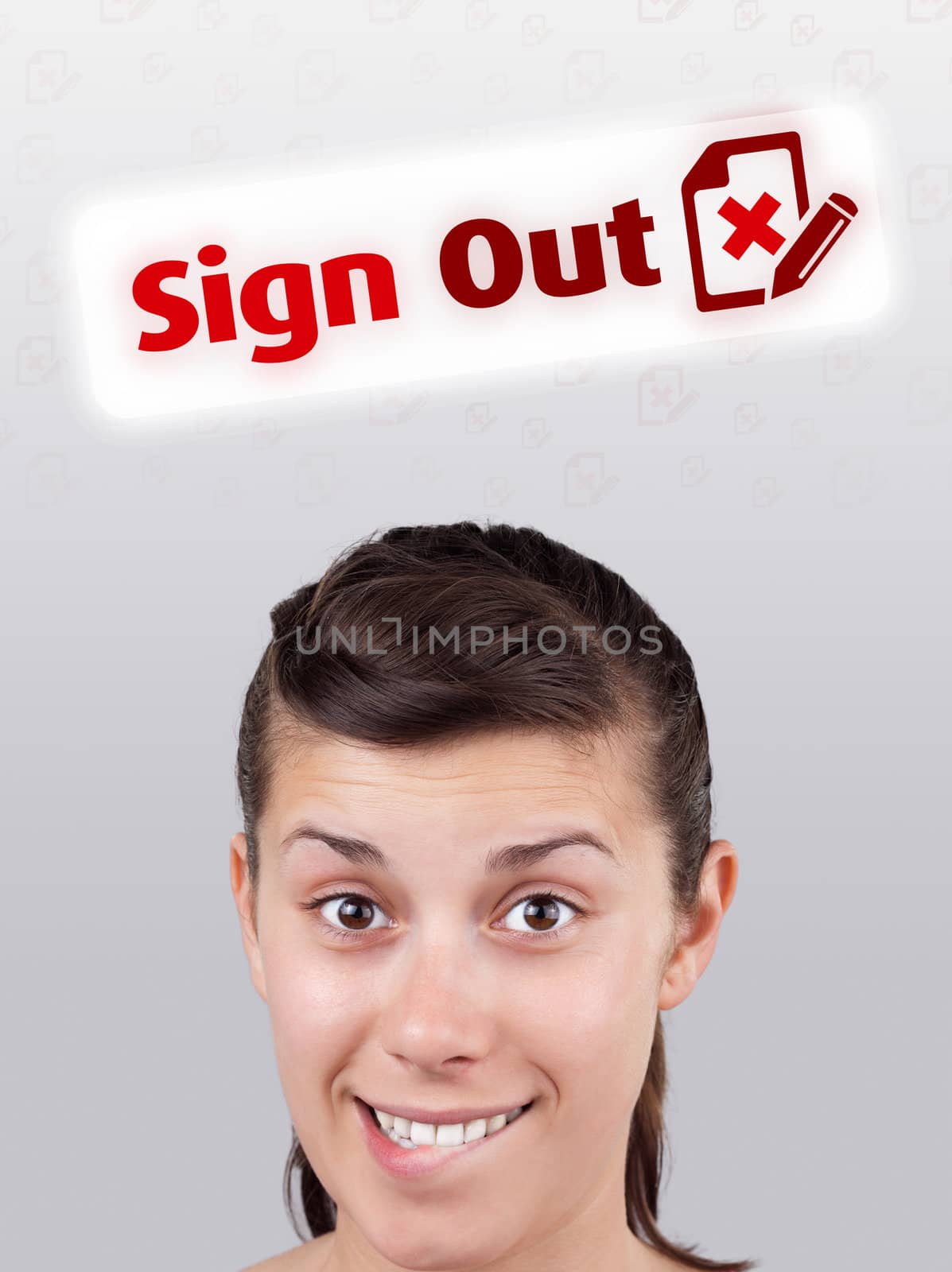 Young gril head looking with gesture at internet type of icons