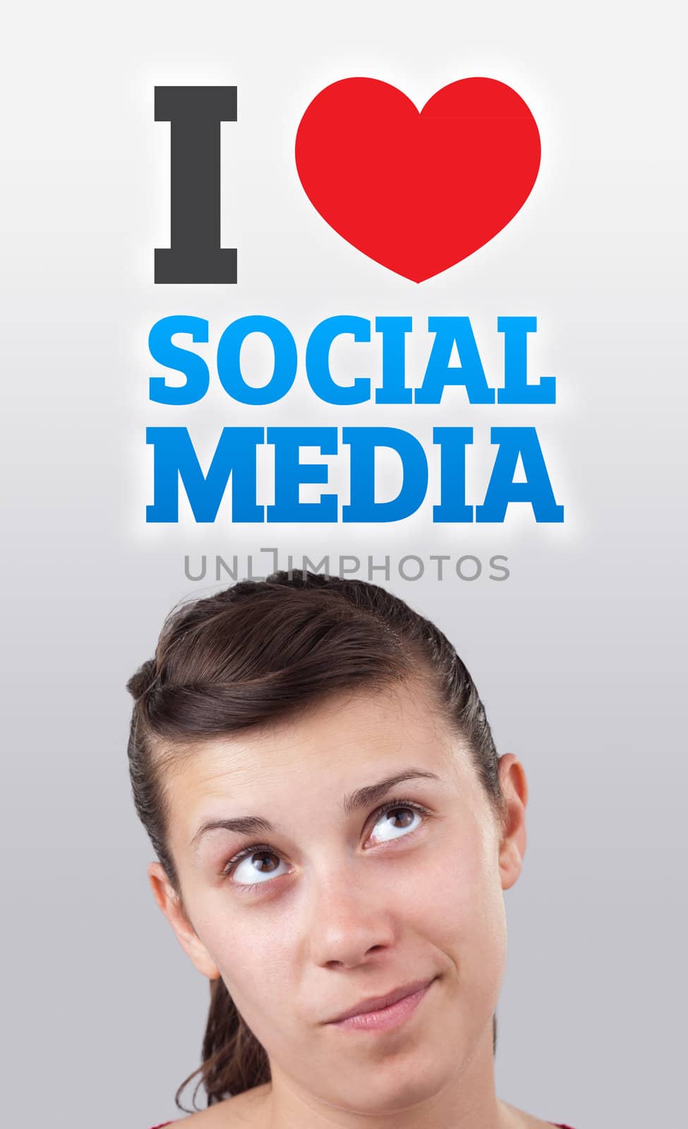 Young girl head looking with gesture at social type of icons and signs