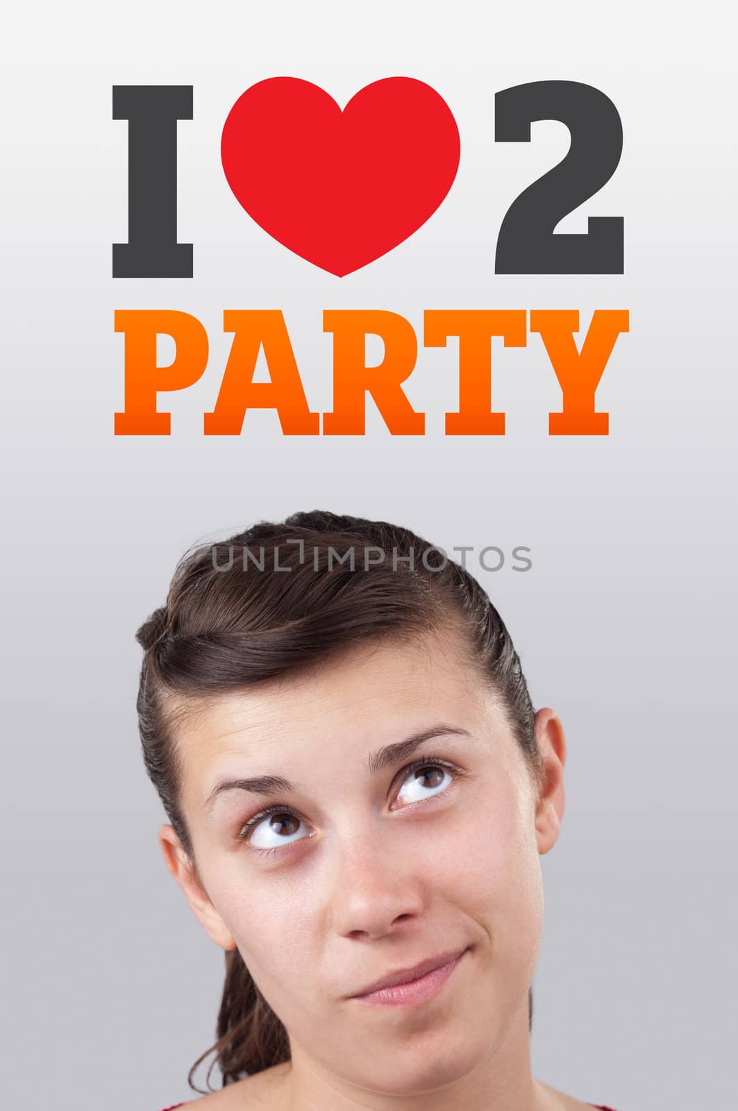 Young girl head looking with gesture at party icons and sign