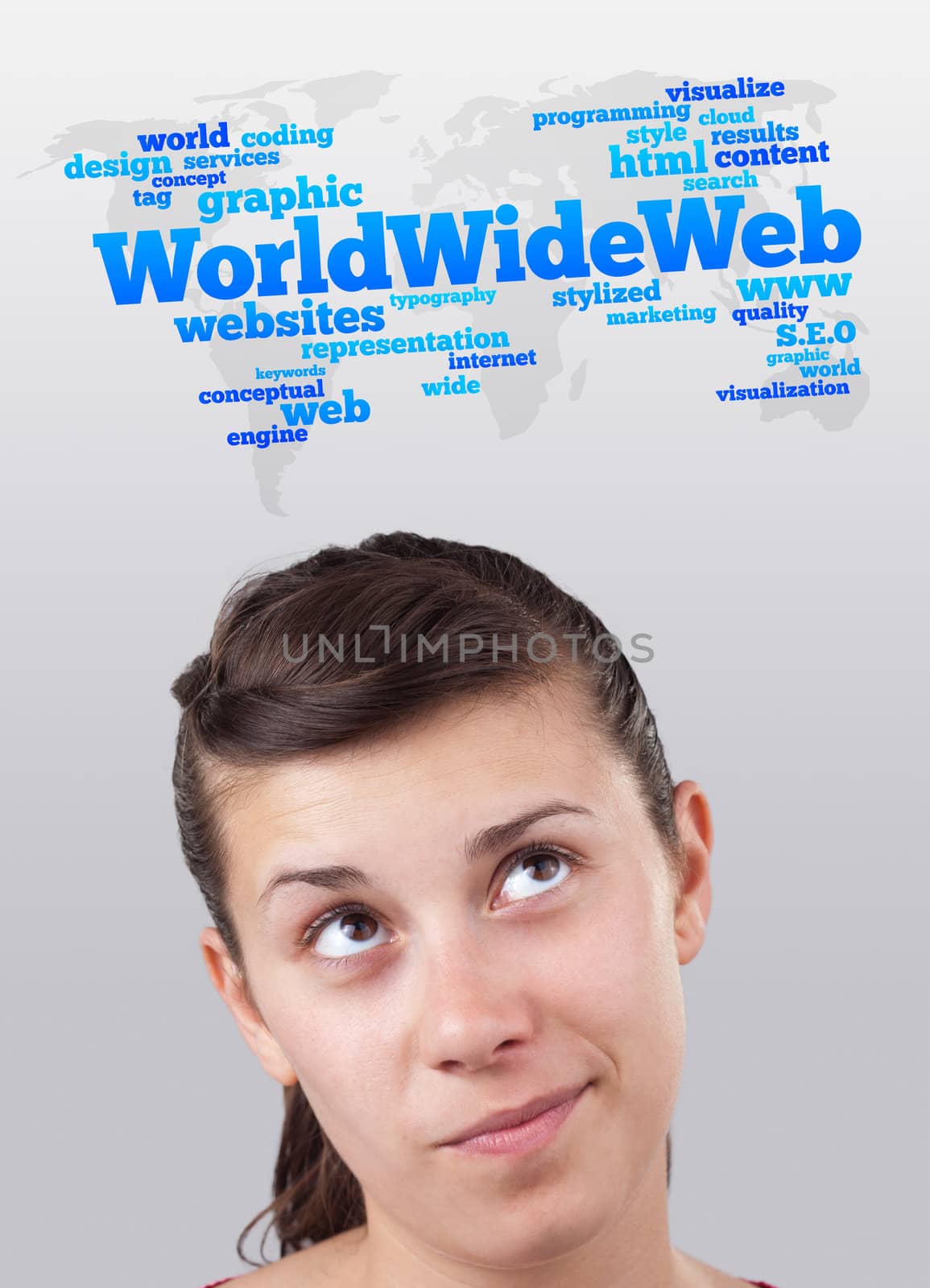 Young gril head looking with gesture at internet type of icons