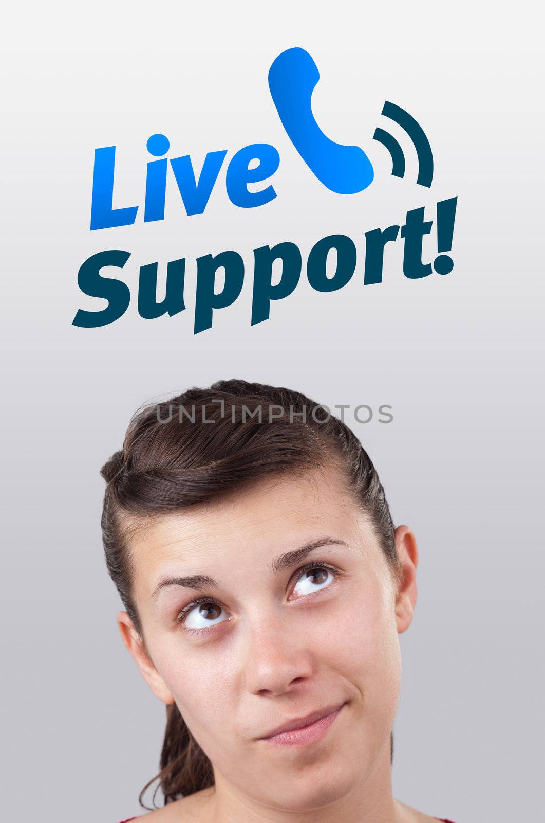 Young girl head looking with gesture at support contact type of icons and signs