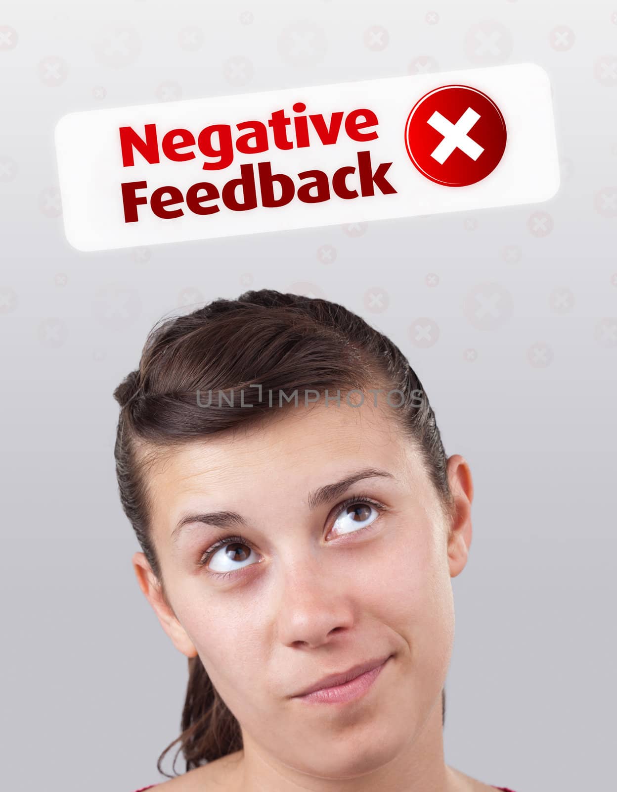 Young girl looking at positive negative signs by ra2studio