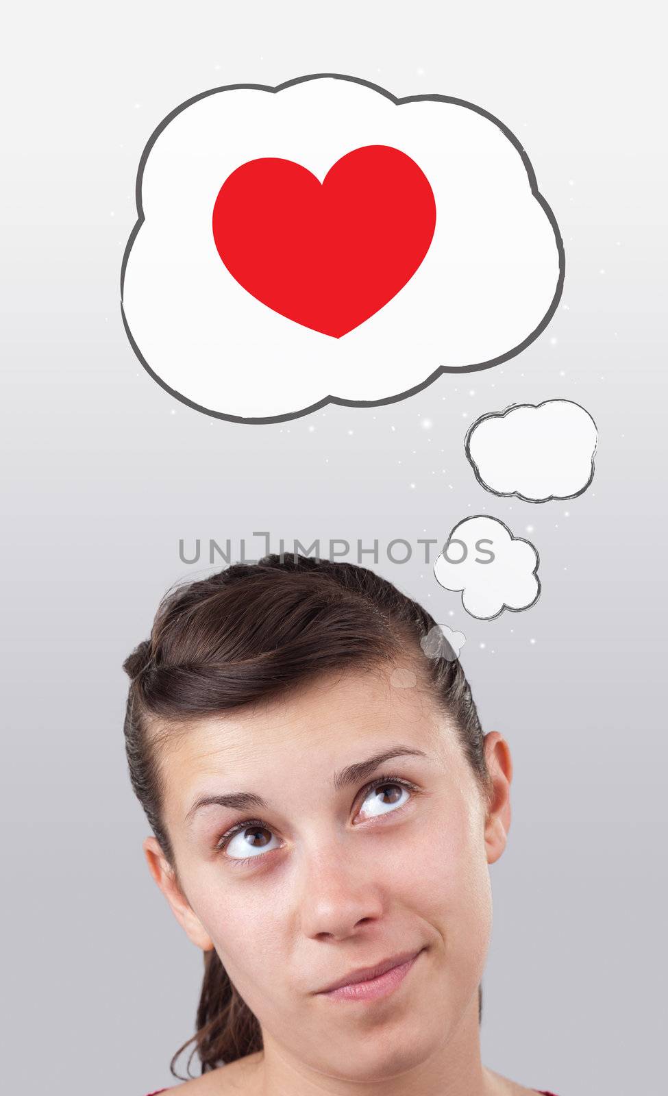 Young girl looking at love type of icons by ra2studio