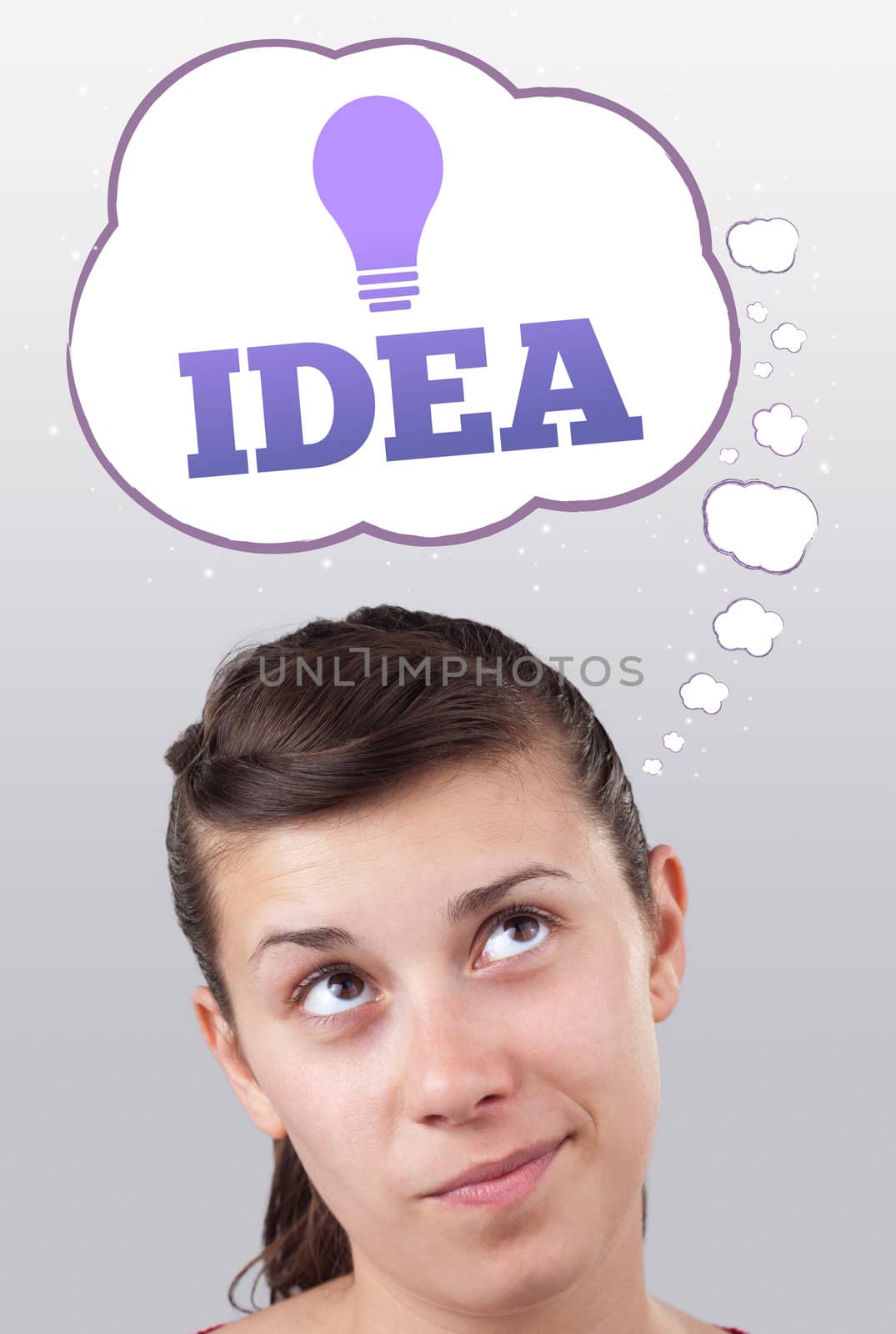 Young girl head looking with gesture at idea type of sign