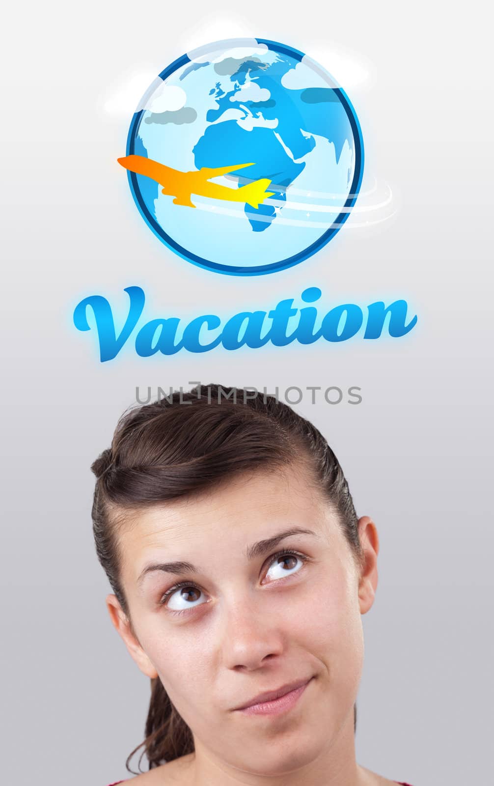 Young girl looking at vacation type of sign by ra2studio