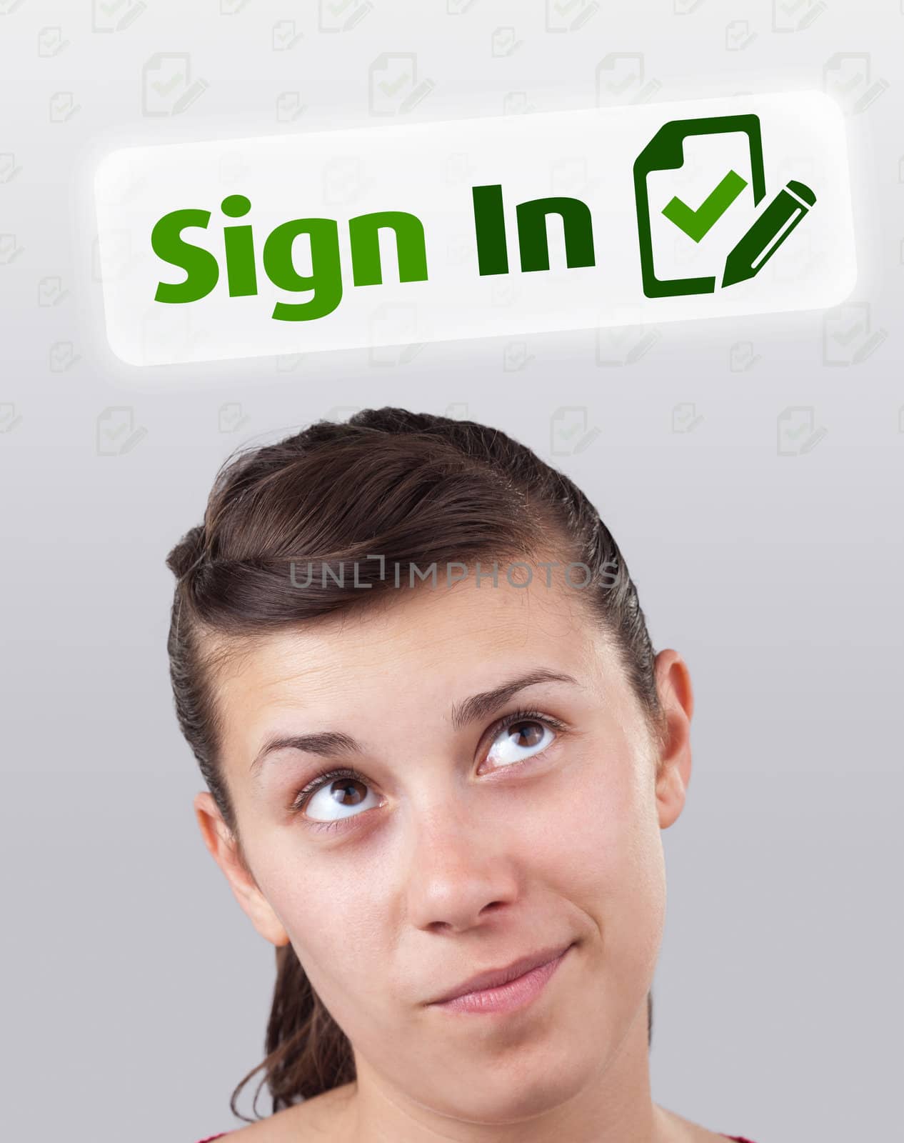 Young gril head looking with gesture at internet type of icons
