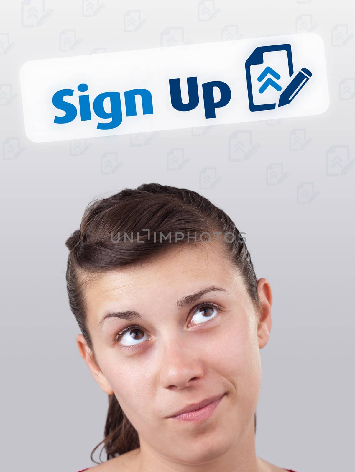 Young gril head looking with gesture at internet type of icons